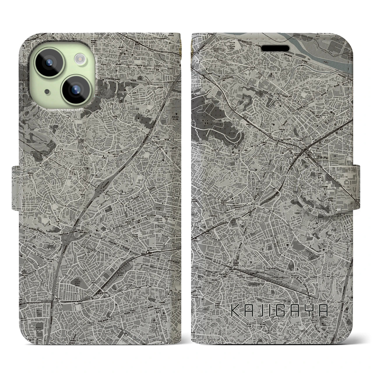 【梶が谷(神奈川県)】地図柄iPhoneケース(手帳タイプ)モノトーン・iPhone 15 用