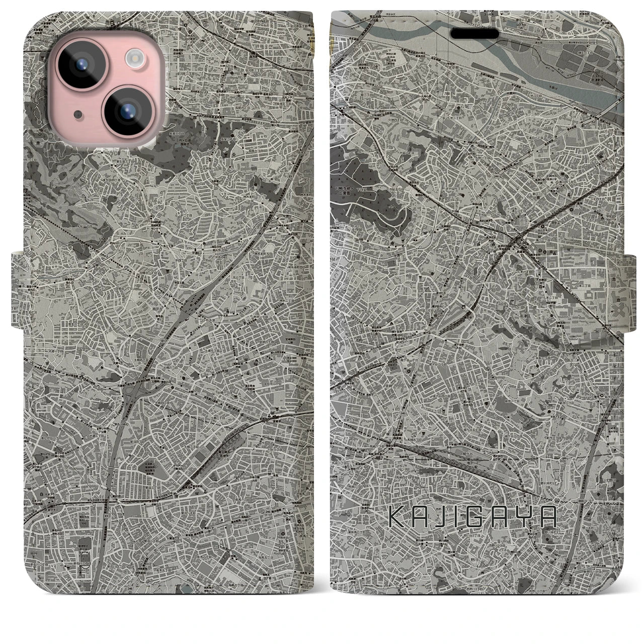 【梶が谷(神奈川県)】地図柄iPhoneケース(手帳タイプ)モノトーン・iPhone 15 Plus 用