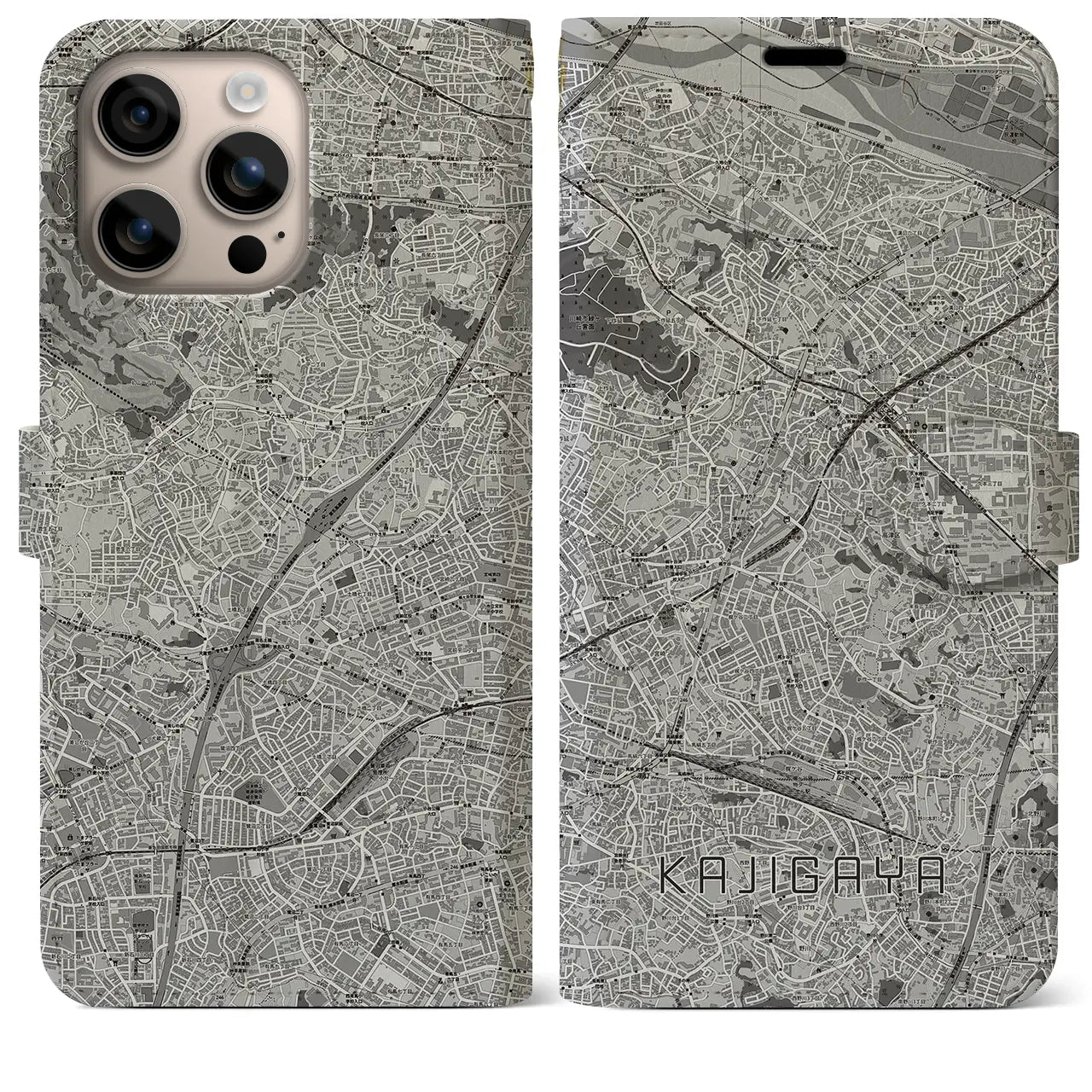 【梶が谷(神奈川県)】地図柄iPhoneケース(手帳タイプ)モノトーン・iPhone 16 Plus 用