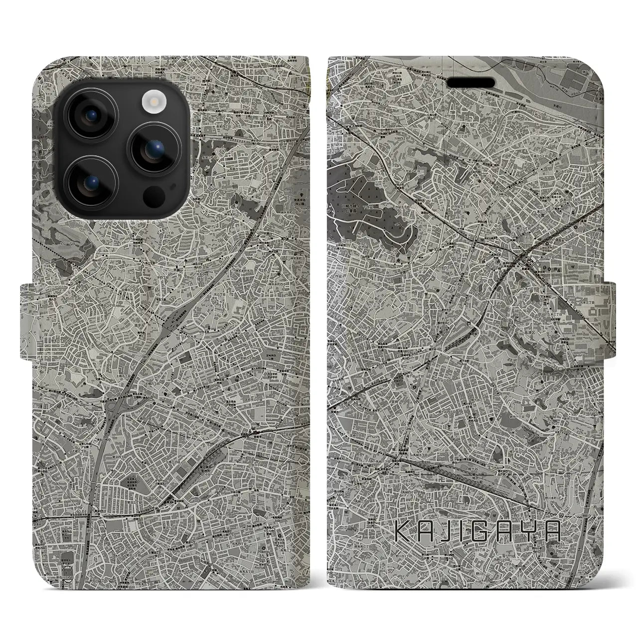 【梶が谷(神奈川県)】地図柄iPhoneケース(手帳タイプ)モノトーン・iPhone 16 用