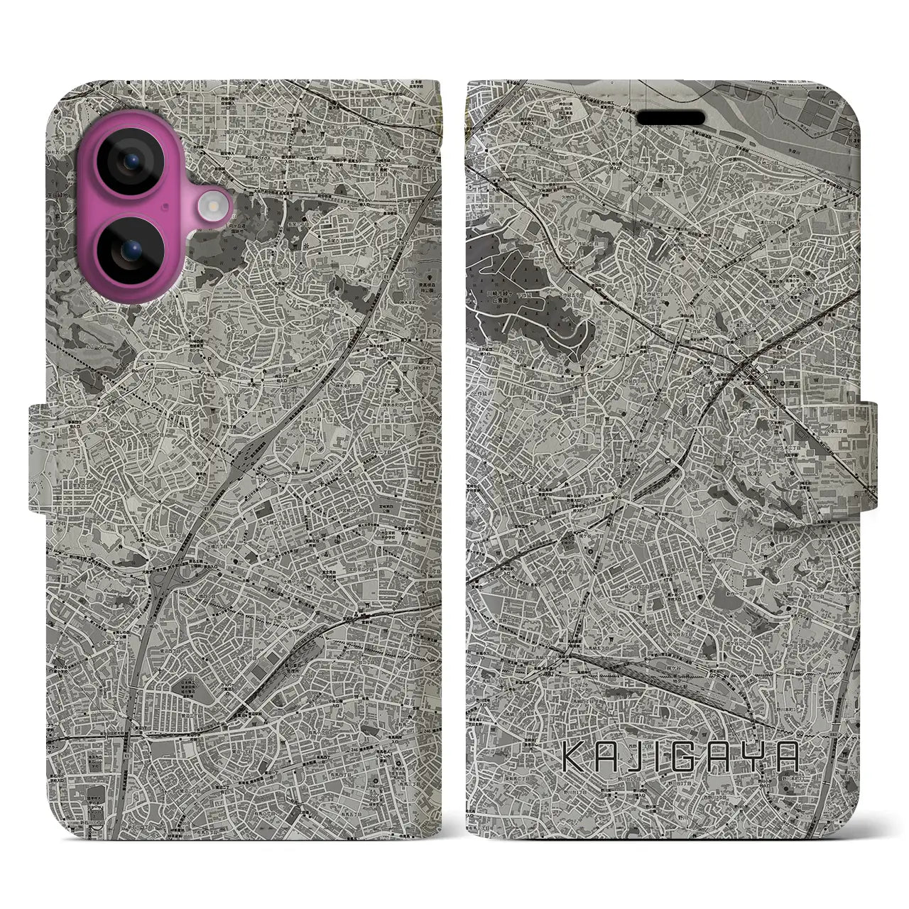 【梶が谷(神奈川県)】地図柄iPhoneケース(手帳タイプ)モノトーン・iPhone 16 Pro 用