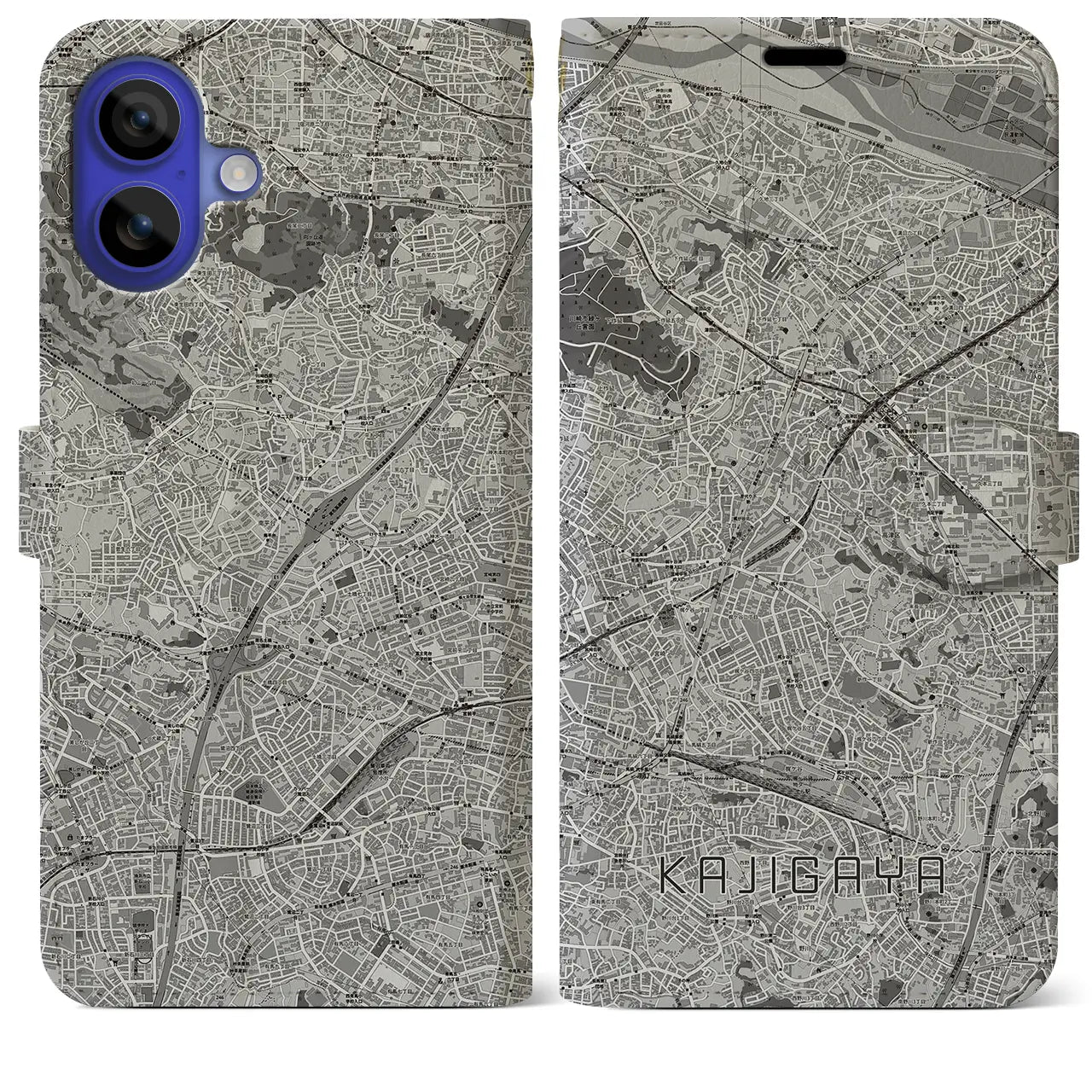 【梶が谷(神奈川県)】地図柄iPhoneケース(手帳タイプ)モノトーン・iPhone 16 Pro Max 用