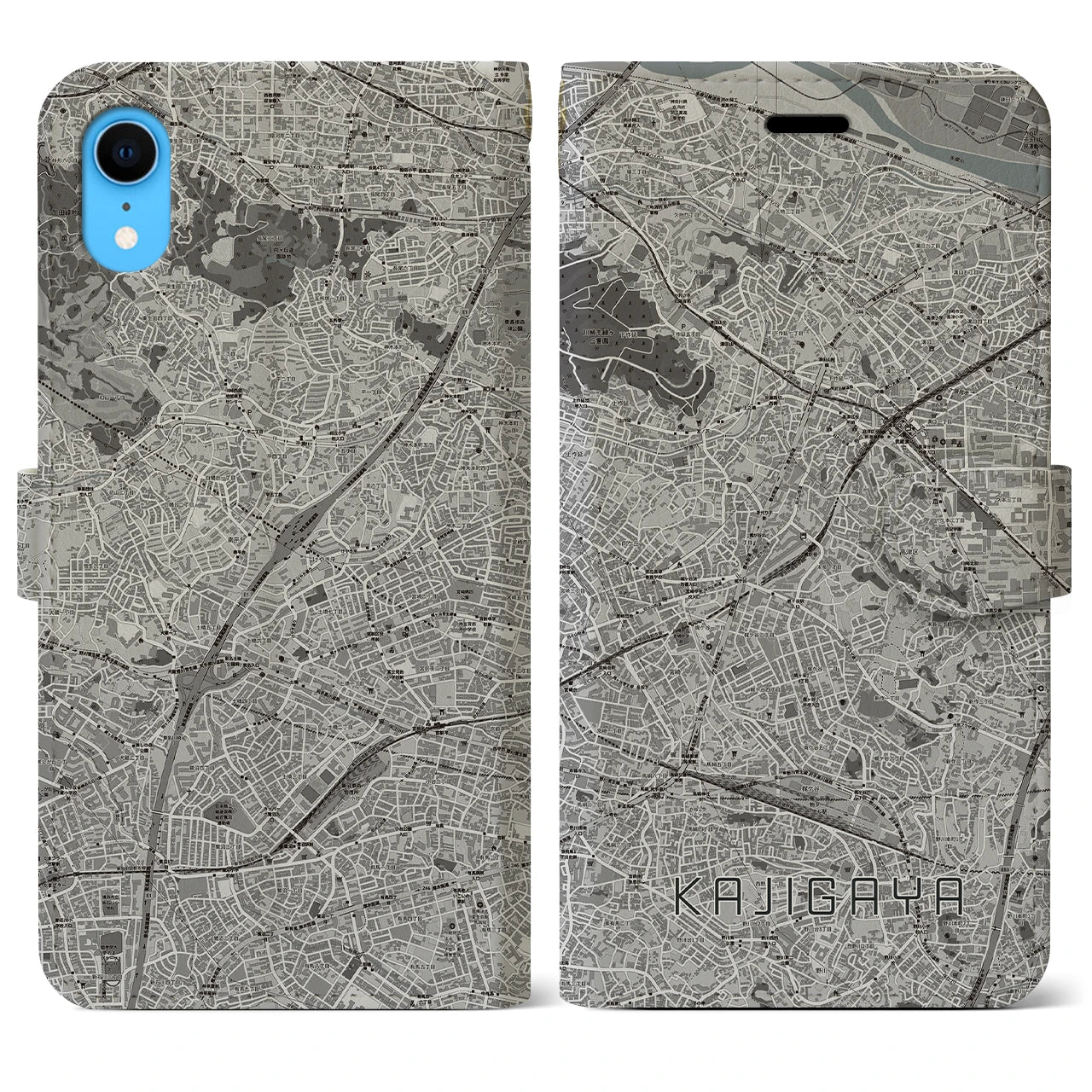 【梶が谷(神奈川県)】地図柄iPhoneケース(手帳タイプ)モノトーン・iPhone XR 用
