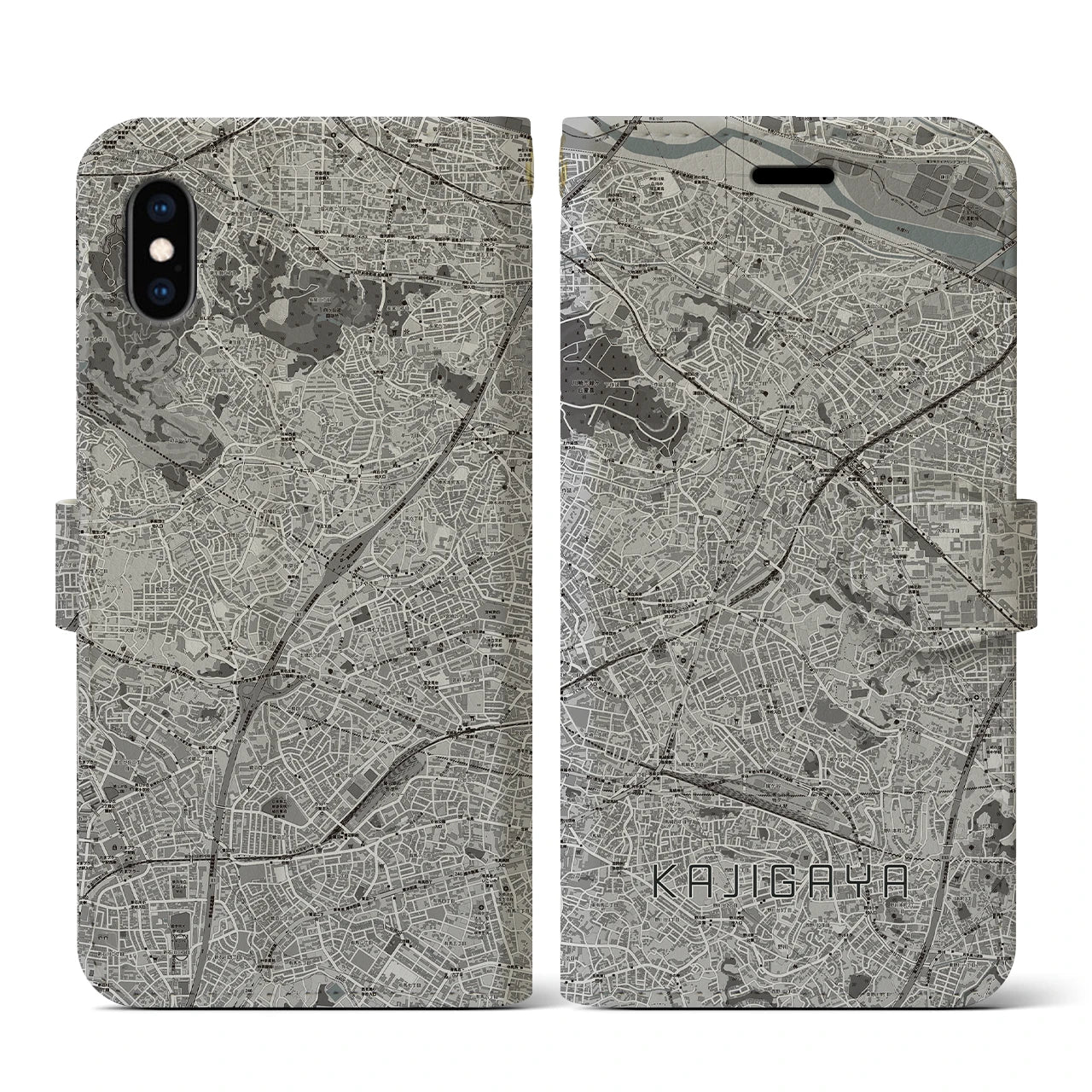 【梶が谷(神奈川県)】地図柄iPhoneケース(手帳タイプ)モノトーン・iPhone XS / X 用