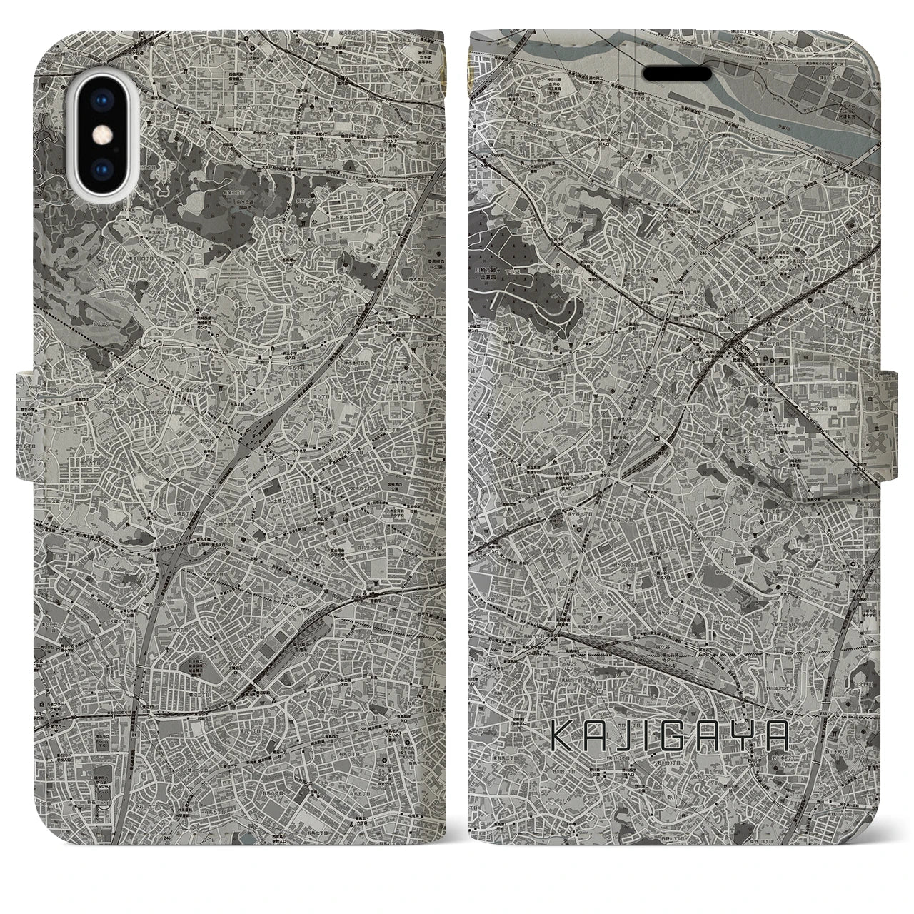 【梶が谷(神奈川県)】地図柄iPhoneケース(手帳タイプ)モノトーン・iPhone XS Max 用