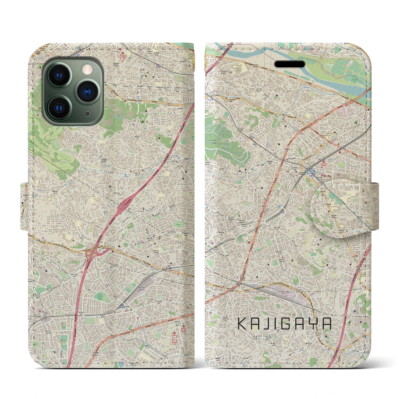 【梶が谷(神奈川県)】地図柄iPhoneケース(手帳タイプ)ナチュラル・iPhone 11 Pro 用