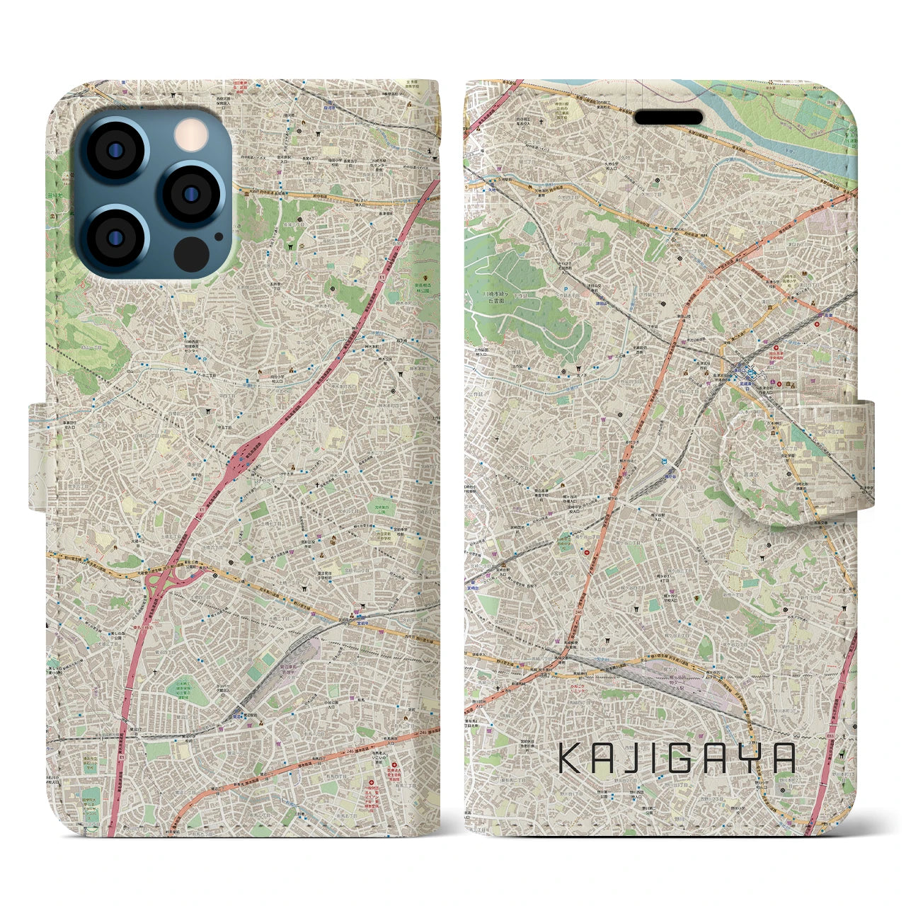 【梶が谷(神奈川県)】地図柄iPhoneケース(手帳タイプ)ナチュラル・iPhone 12 / 12 Pro 用