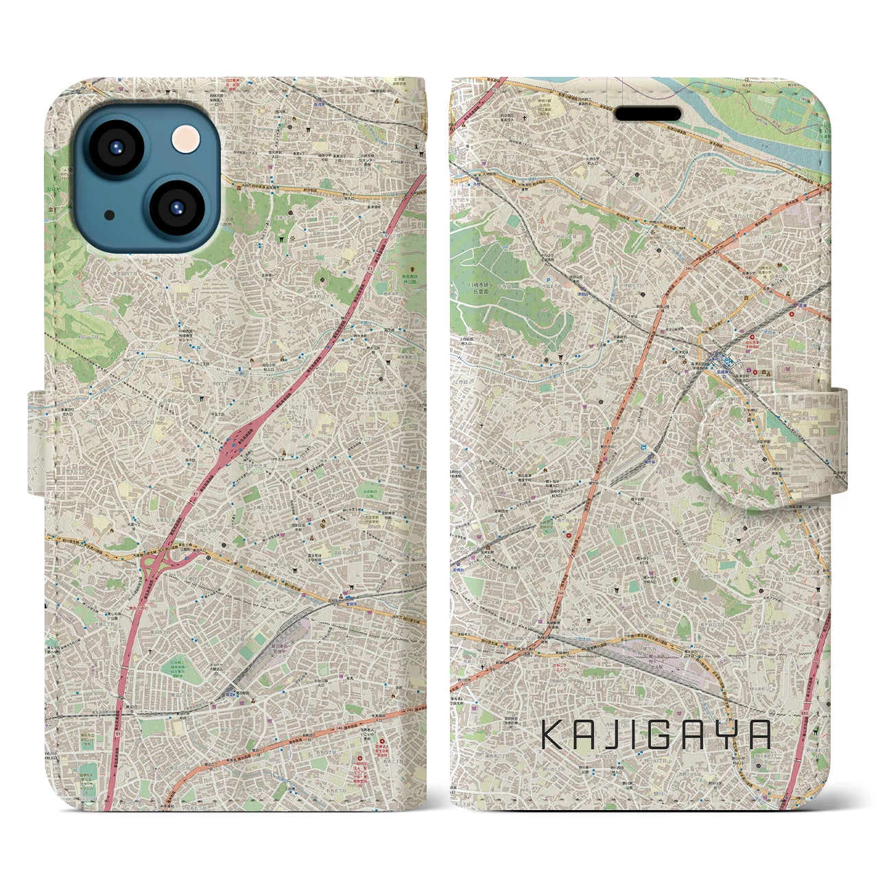 【梶が谷(神奈川県)】地図柄iPhoneケース(手帳タイプ)ナチュラル・iPhone 13 用