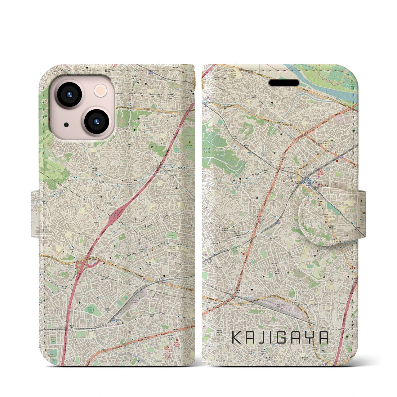 【梶が谷(神奈川県)】地図柄iPhoneケース(手帳タイプ)ナチュラル・iPhone 13 mini 用