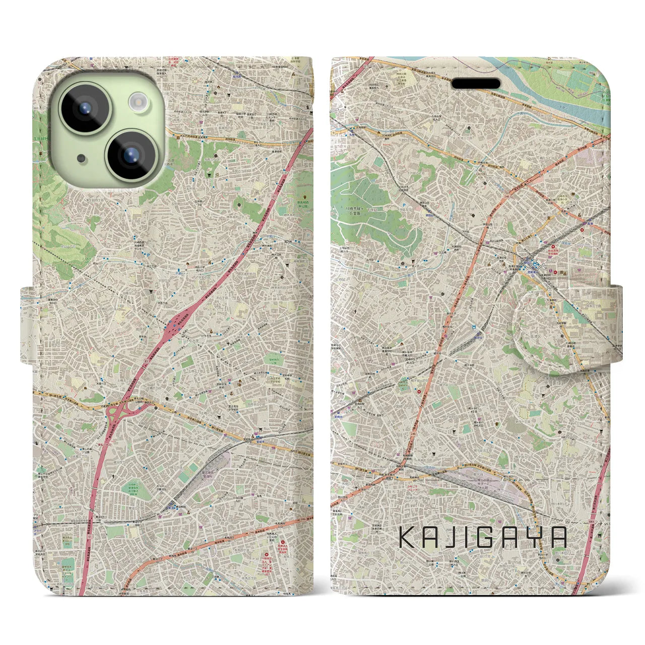 【梶が谷(神奈川県)】地図柄iPhoneケース(手帳タイプ)ナチュラル・iPhone 15 用