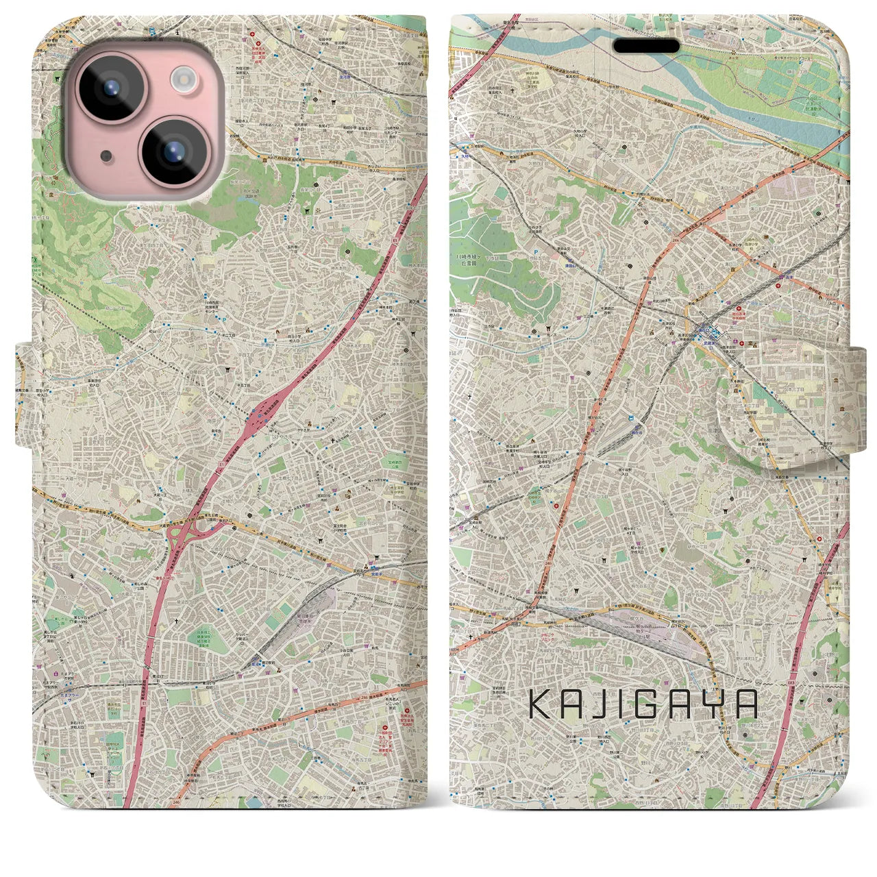 【梶が谷(神奈川県)】地図柄iPhoneケース(手帳タイプ)ナチュラル・iPhone 15 Plus 用