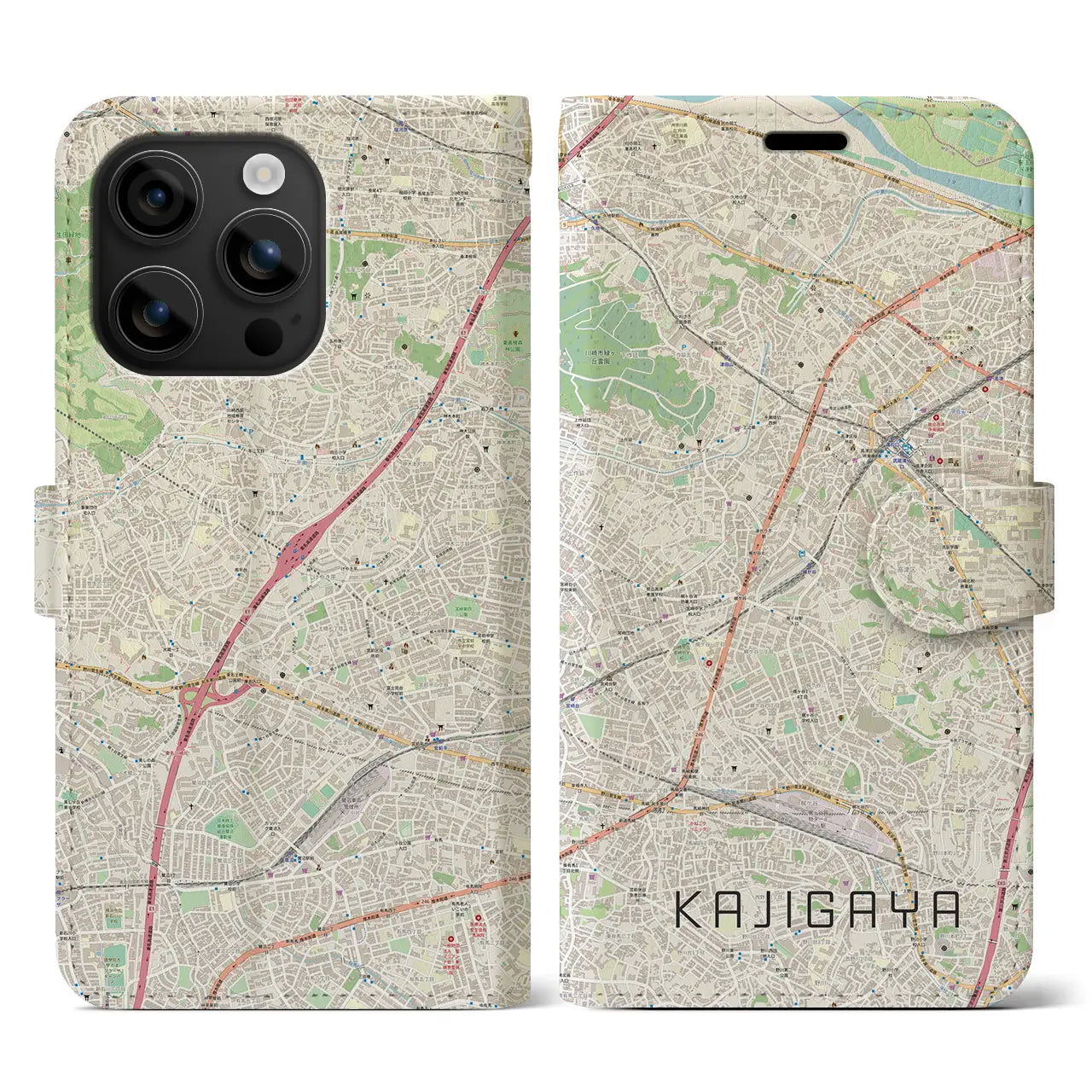 【梶が谷(神奈川県)】地図柄iPhoneケース(手帳タイプ)ナチュラル・iPhone 16 用