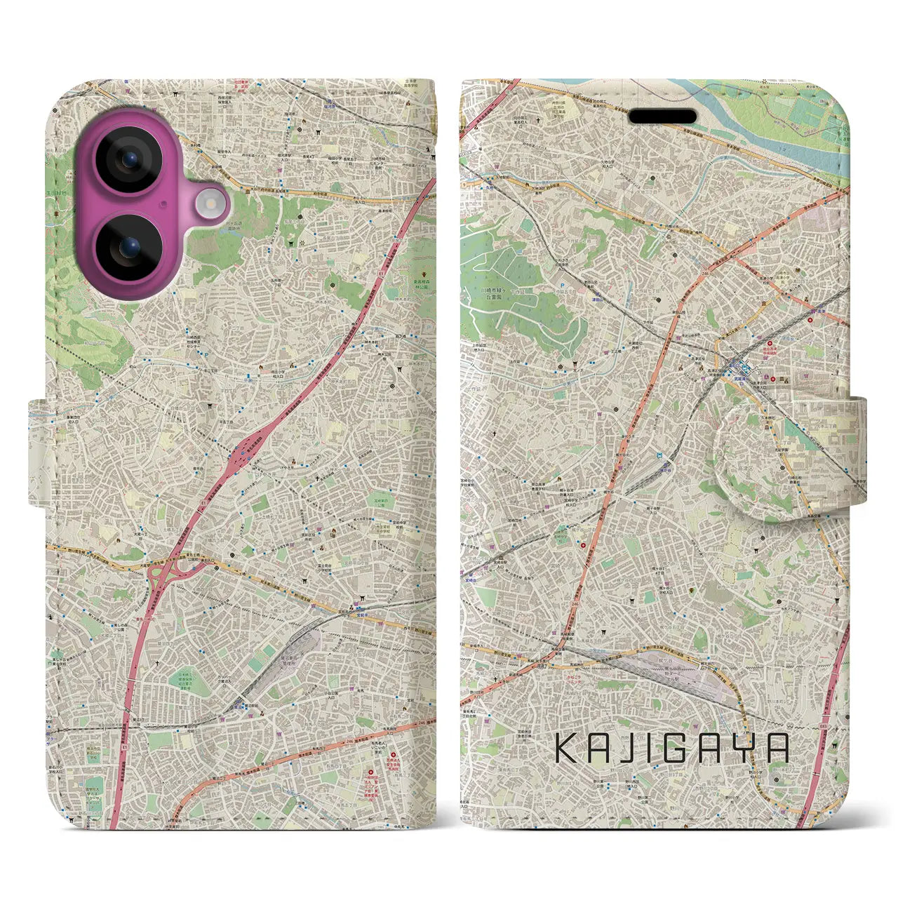 【梶が谷(神奈川県)】地図柄iPhoneケース(手帳タイプ)ナチュラル・iPhone 16 Pro 用
