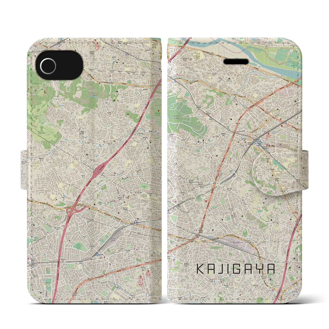 【梶が谷(神奈川県)】地図柄iPhoneケース(手帳タイプ)ナチュラル・iPhone SE(第3 / 第2世代) / 8 / 7 / 6s / 6 用