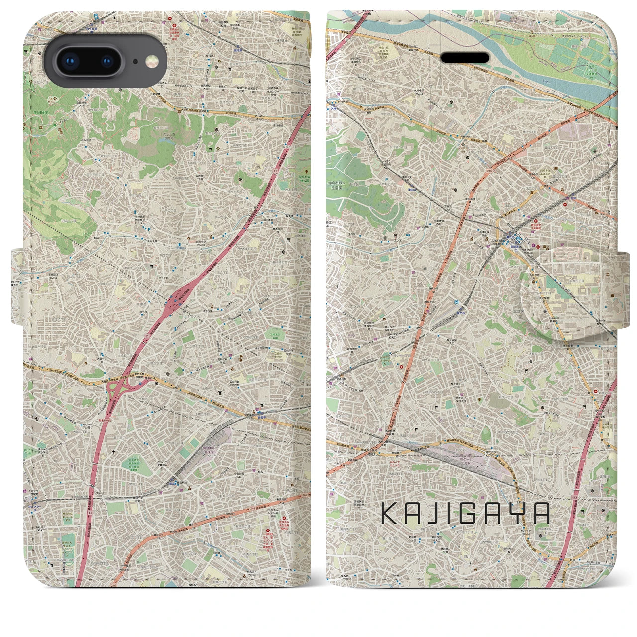【梶が谷(神奈川県)】地図柄iPhoneケース(手帳タイプ)ナチュラル・iPhone 8Plus /7Plus / 6sPlus / 6Plus 用