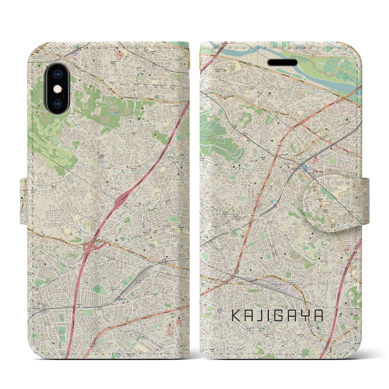 【梶が谷(神奈川県)】地図柄iPhoneケース(手帳タイプ)ナチュラル・iPhone XS / X 用