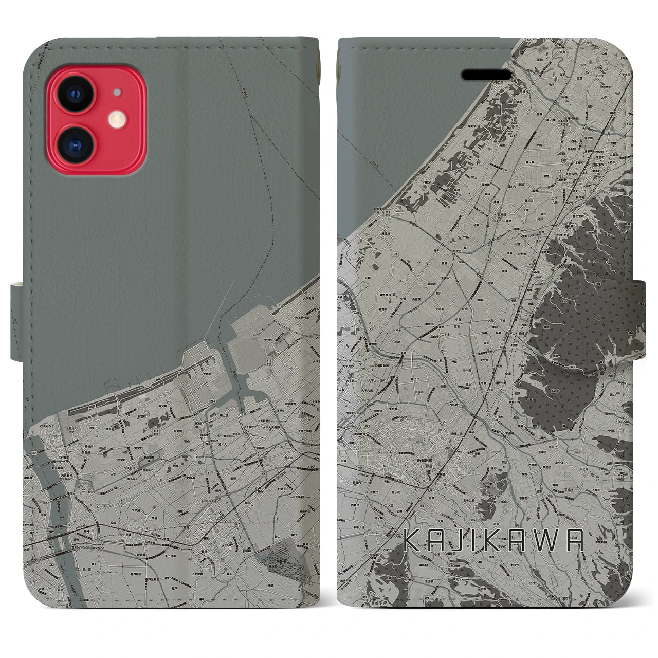 【加治川(新潟県)】地図柄iPhoneケース(手帳タイプ)モノトーン・iPhone 11 用