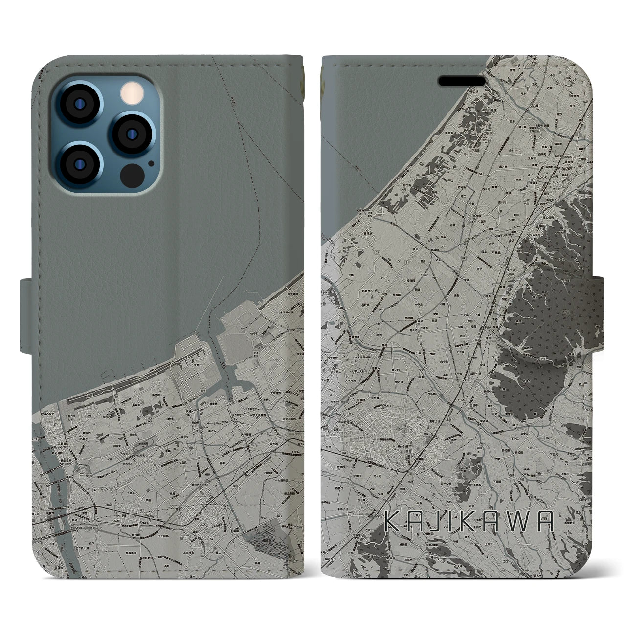 【加治川(新潟県)】地図柄iPhoneケース(手帳タイプ)モノトーン・iPhone 12 / 12 Pro 用