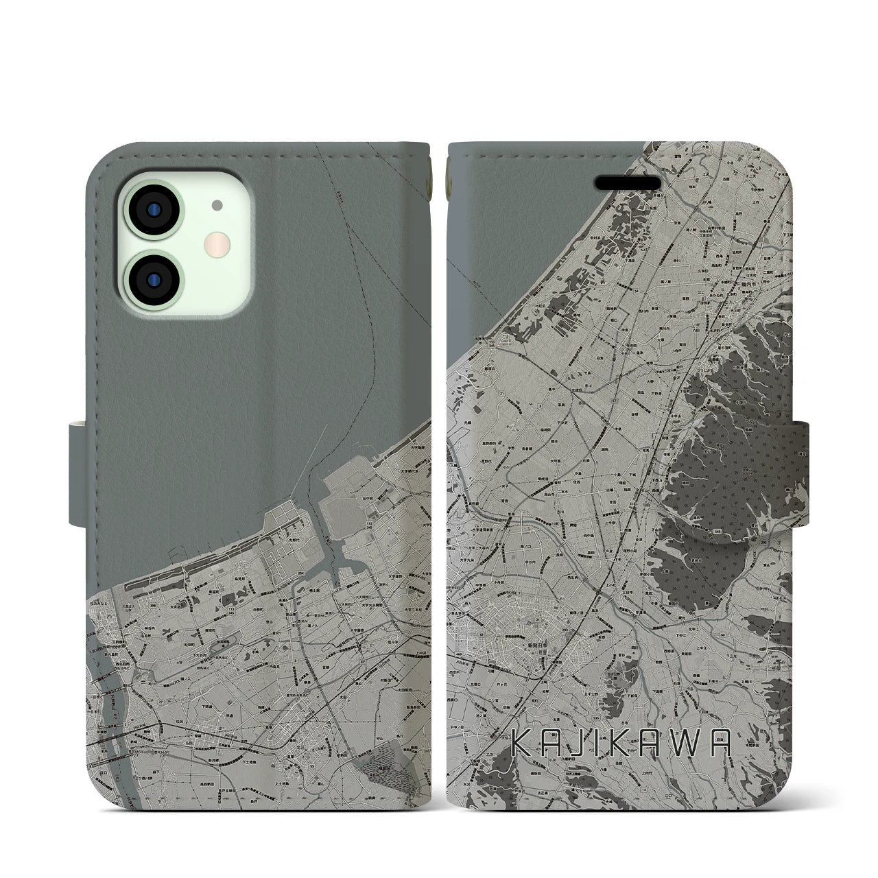 【加治川(新潟県)】地図柄iPhoneケース(手帳タイプ)モノトーン・iPhone 12 mini 用