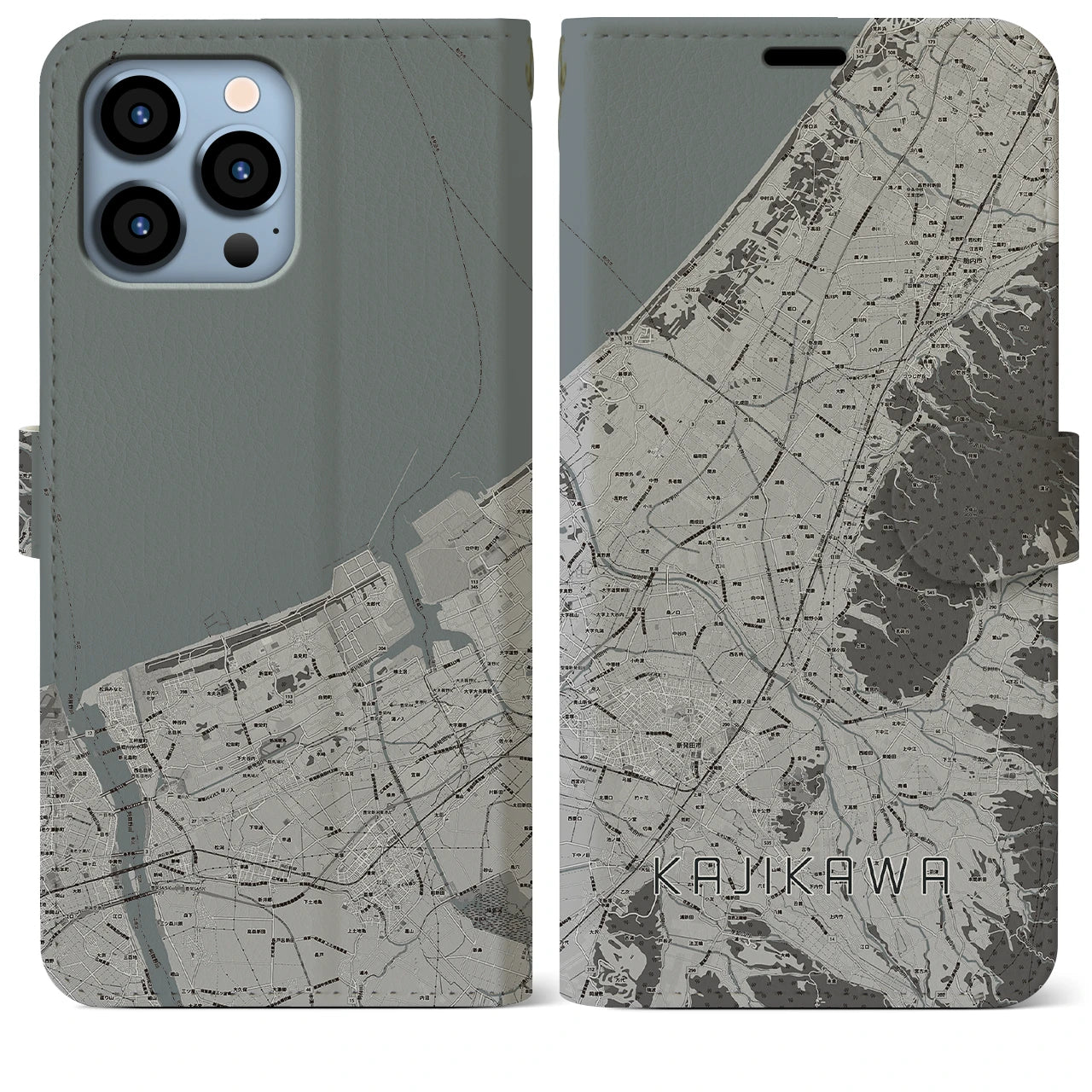 【加治川(新潟県)】地図柄iPhoneケース(手帳タイプ)モノトーン・iPhone 13 Pro Max 用