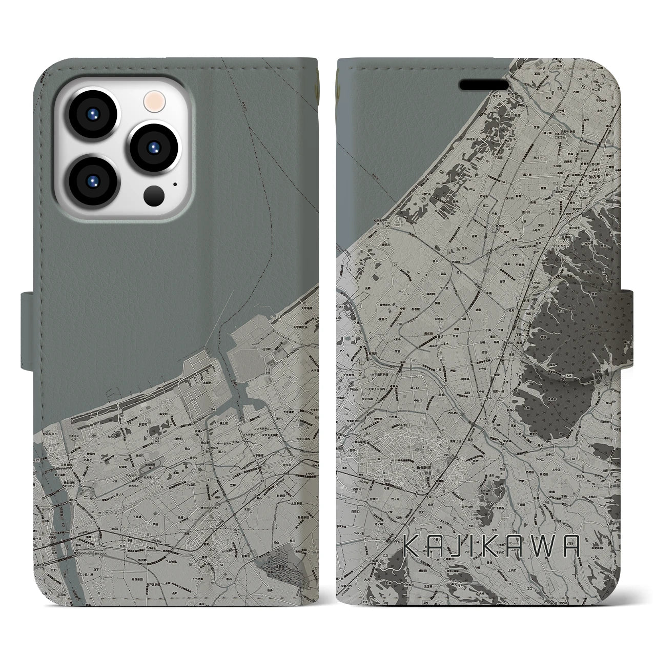 【加治川(新潟県)】地図柄iPhoneケース(手帳タイプ)モノトーン・iPhone 13 Pro 用