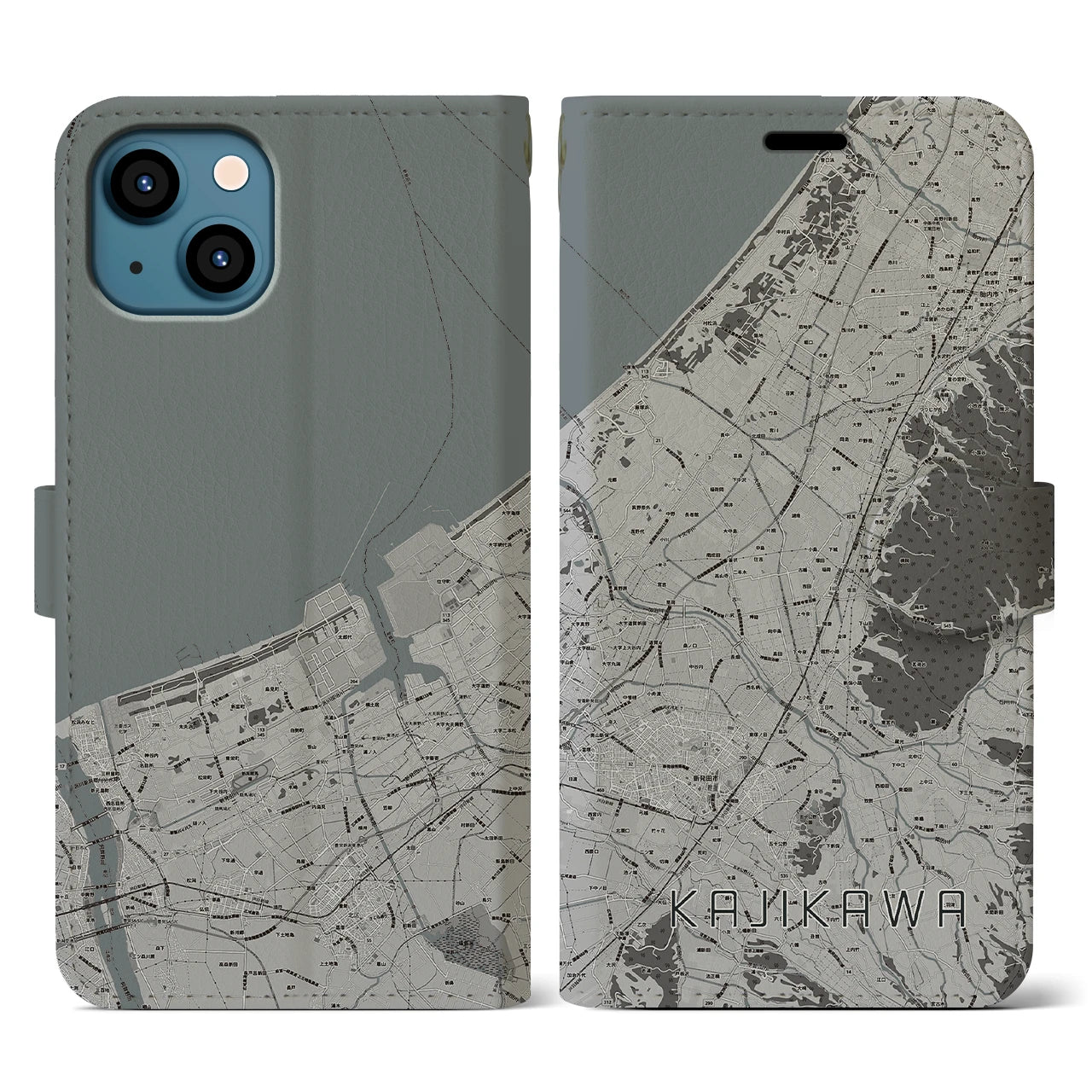 【加治川(新潟県)】地図柄iPhoneケース(手帳タイプ)モノトーン・iPhone 13 用