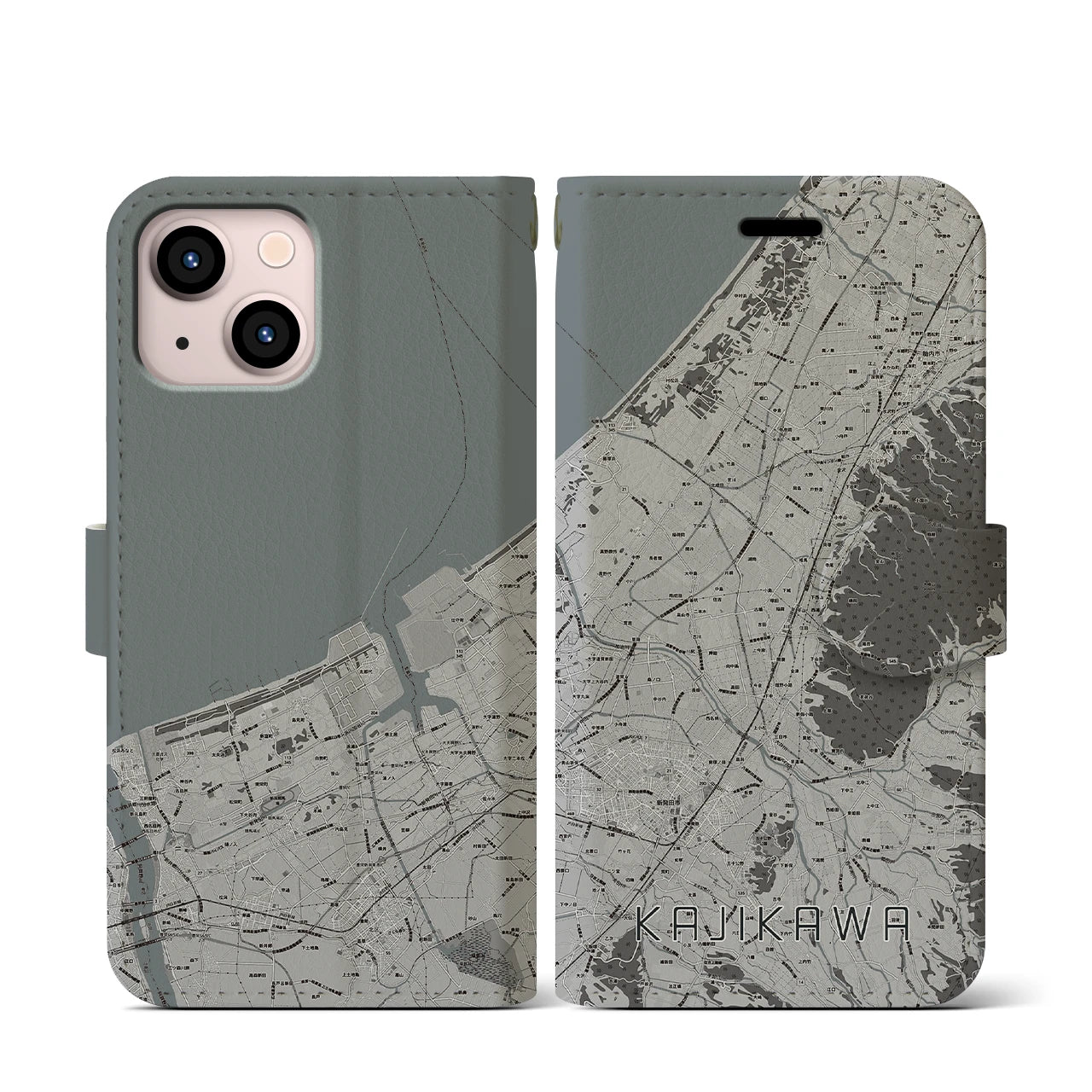 【加治川(新潟県)】地図柄iPhoneケース(手帳タイプ)モノトーン・iPhone 13 mini 用