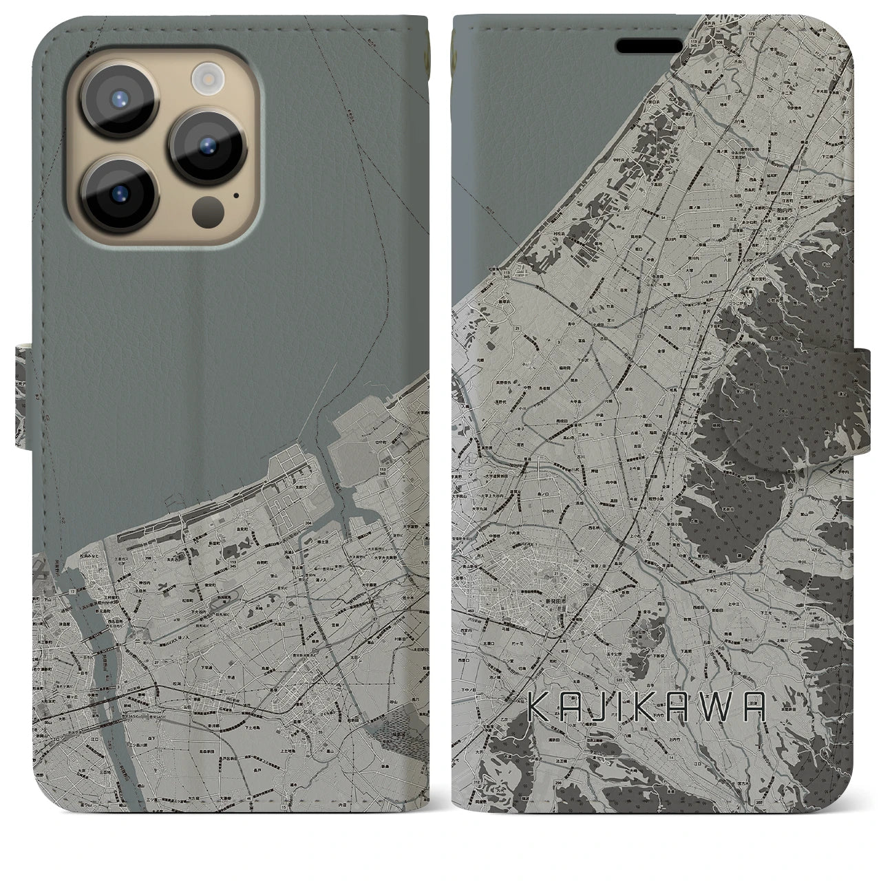 【加治川(新潟県)】地図柄iPhoneケース(手帳タイプ)モノトーン・iPhone 14 Pro Max 用