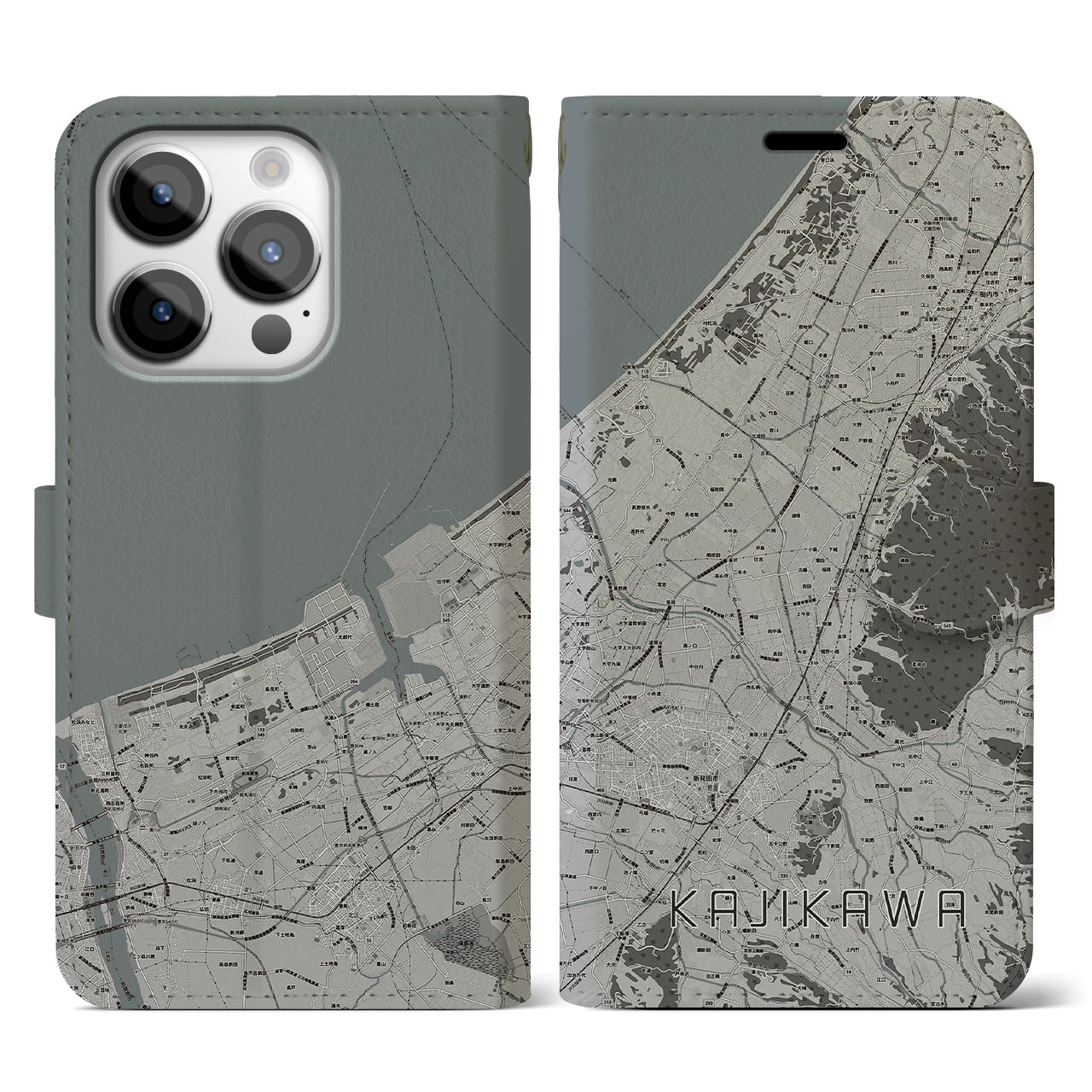 【加治川(新潟県)】地図柄iPhoneケース(手帳タイプ)モノトーン・iPhone 14 Pro 用