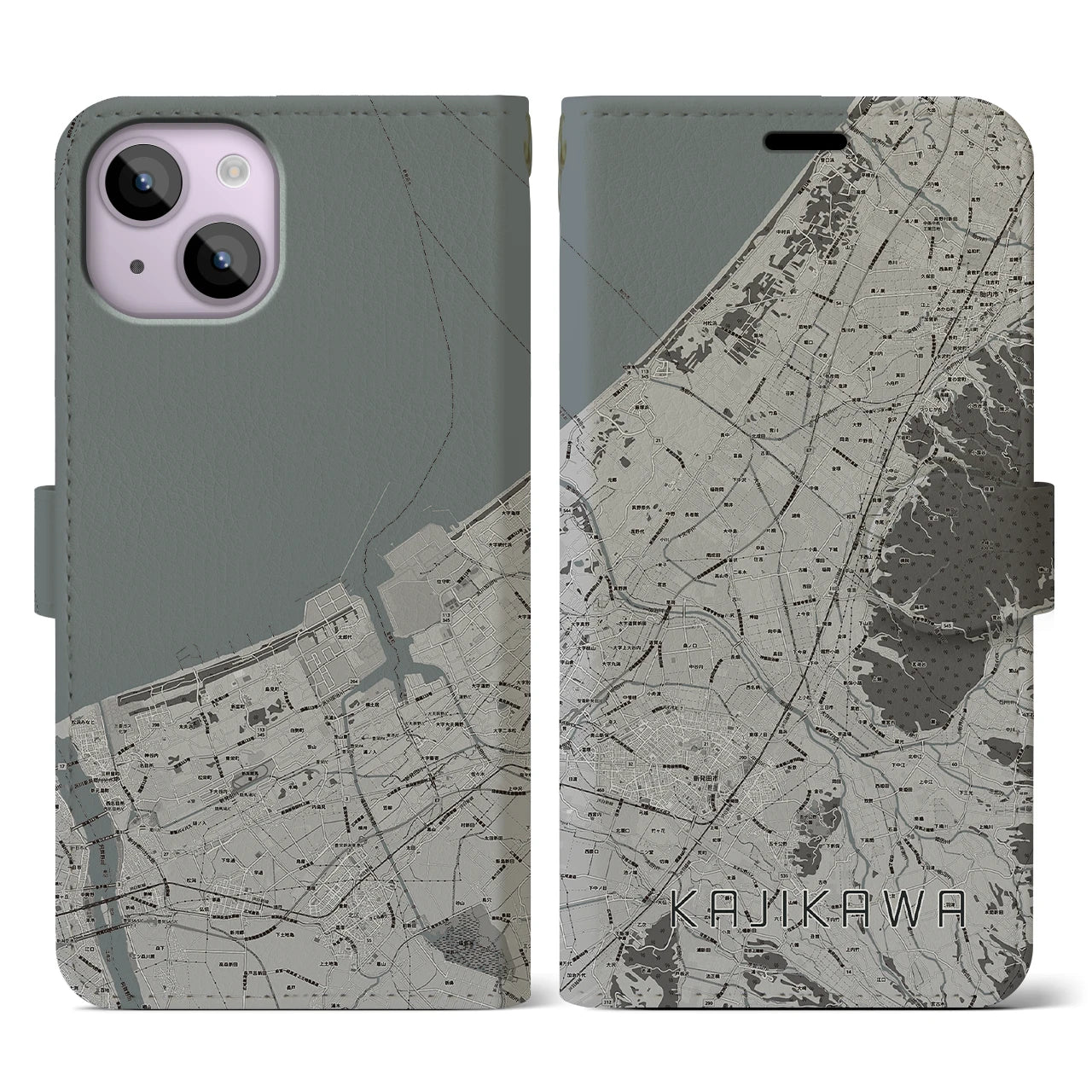 【加治川(新潟県)】地図柄iPhoneケース(手帳タイプ)モノトーン・iPhone 14 用
