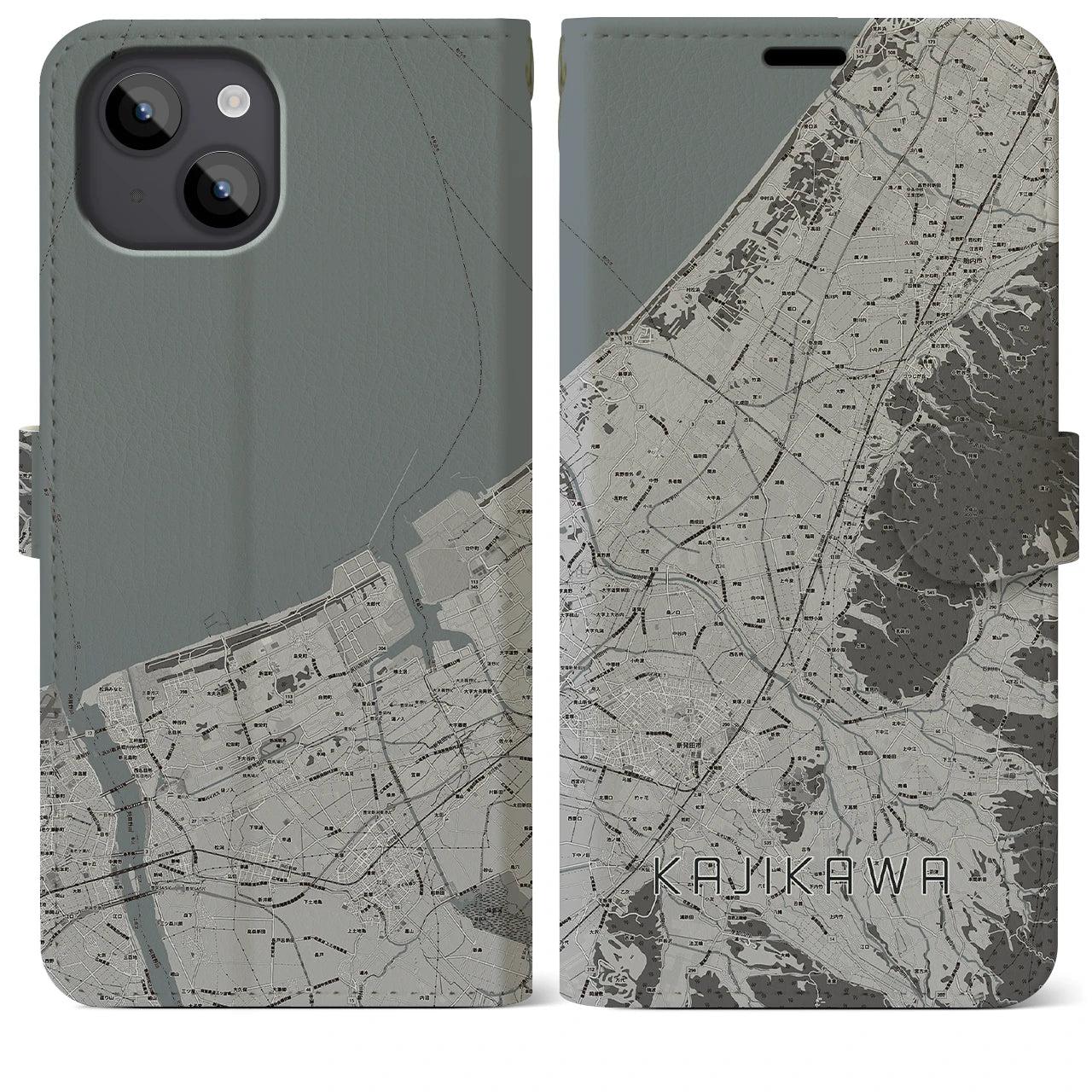 【加治川(新潟県)】地図柄iPhoneケース(手帳タイプ)モノトーン・iPhone 14 Plus 用