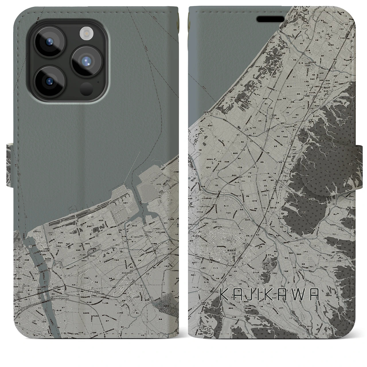 【加治川(新潟県)】地図柄iPhoneケース(手帳タイプ)モノトーン・iPhone 15 Pro Max 用