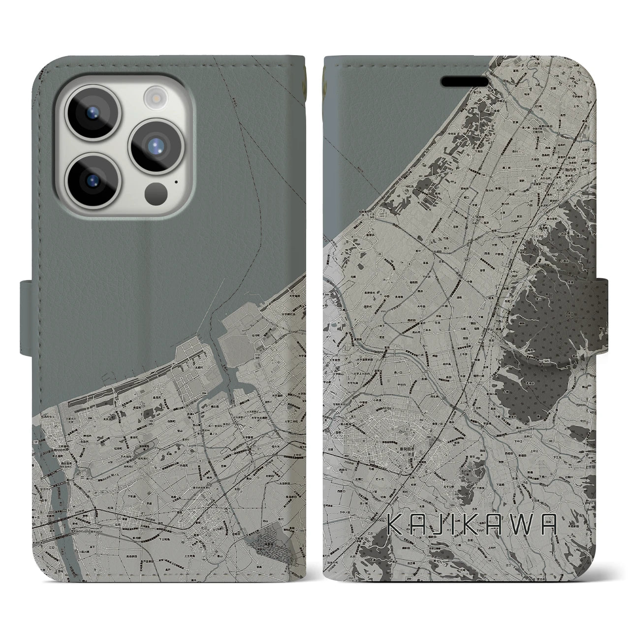 【加治川(新潟県)】地図柄iPhoneケース(手帳タイプ)モノトーン・iPhone 15 Pro 用