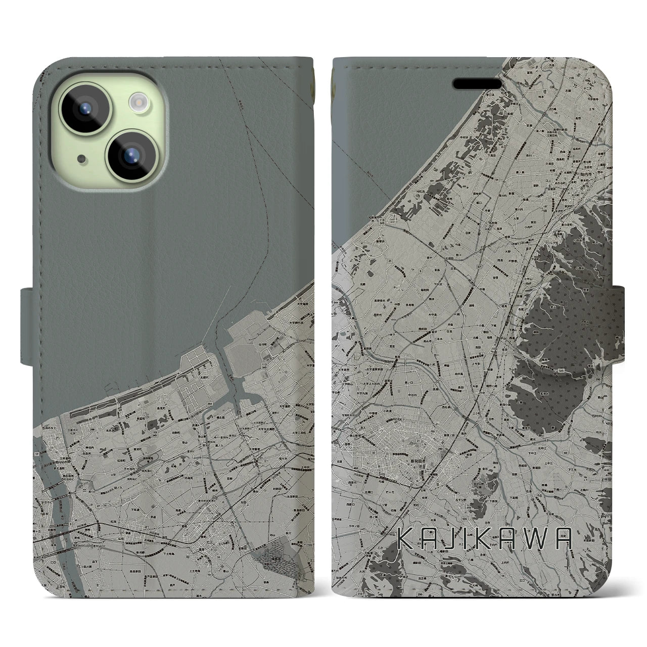 【加治川(新潟県)】地図柄iPhoneケース(手帳タイプ)モノトーン・iPhone 15 用