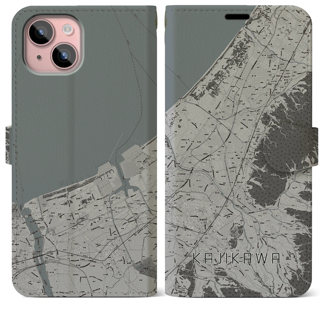 【加治川(新潟県)】地図柄iPhoneケース(手帳タイプ)モノトーン・iPhone 15 Plus 用