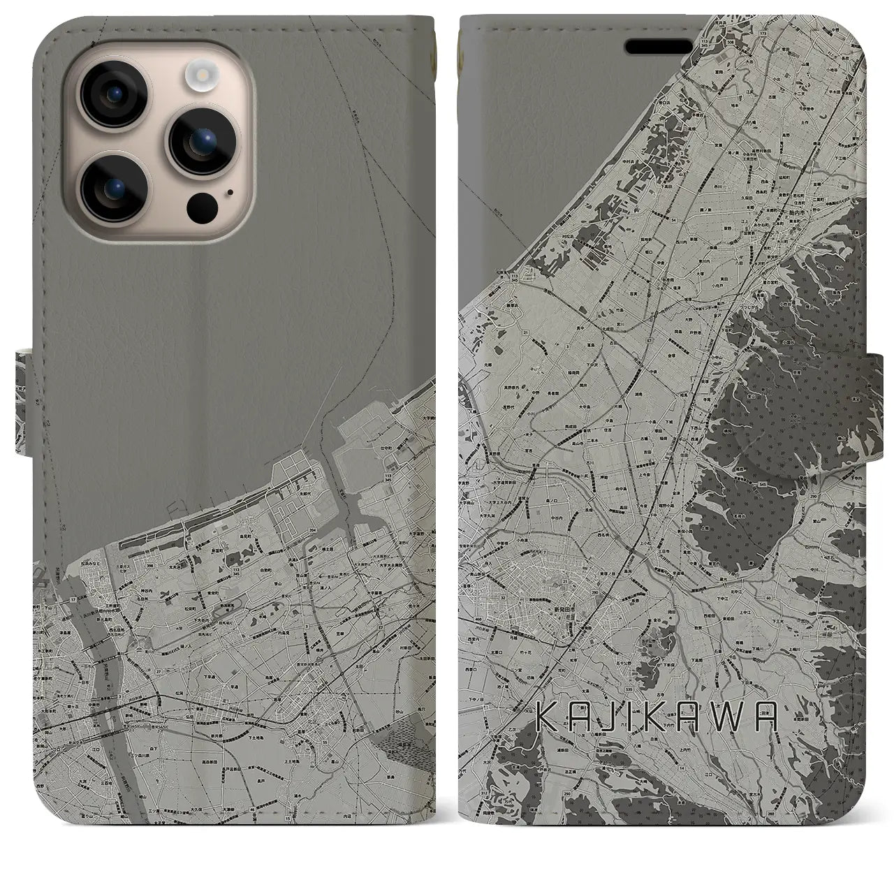 【加治川(新潟県)】地図柄iPhoneケース(手帳タイプ)モノトーン・iPhone 16 Plus 用
