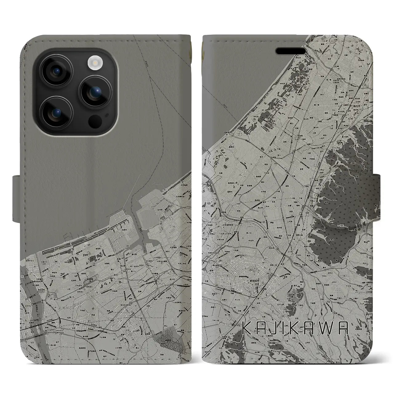 【加治川(新潟県)】地図柄iPhoneケース(手帳タイプ)モノトーン・iPhone 16 用