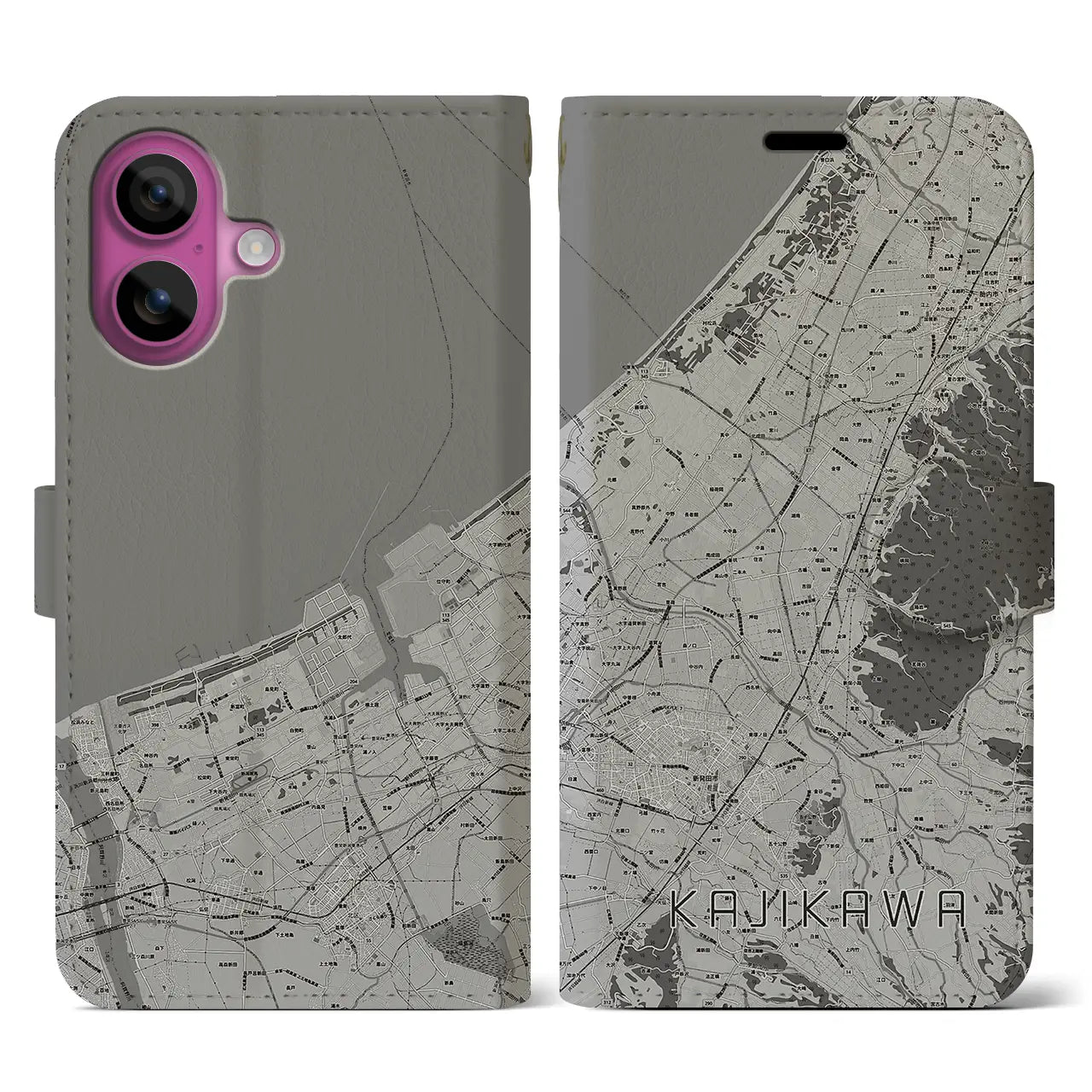 【加治川(新潟県)】地図柄iPhoneケース(手帳タイプ)モノトーン・iPhone 16 Pro 用