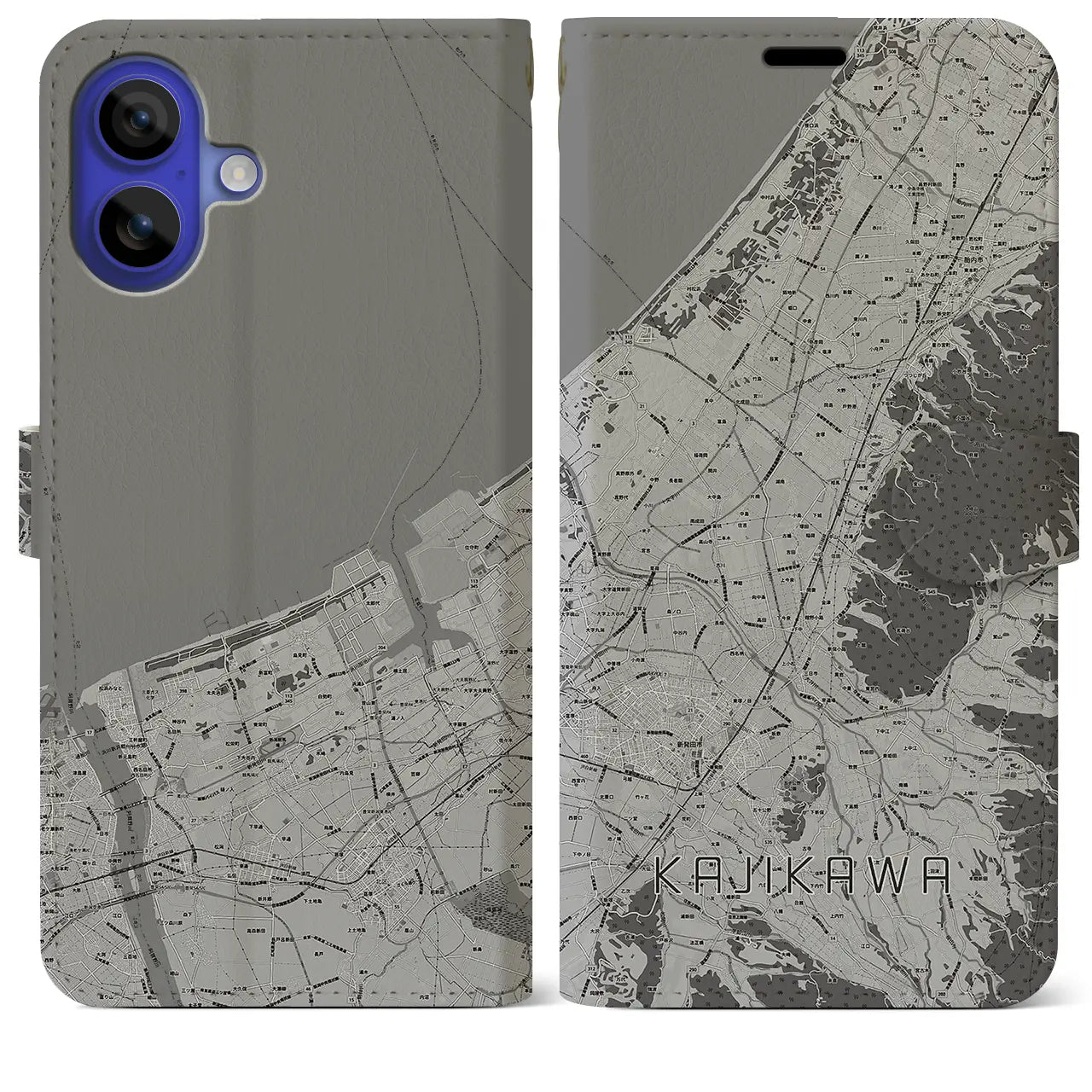 【加治川(新潟県)】地図柄iPhoneケース(手帳タイプ)モノトーン・iPhone 16 Pro Max 用