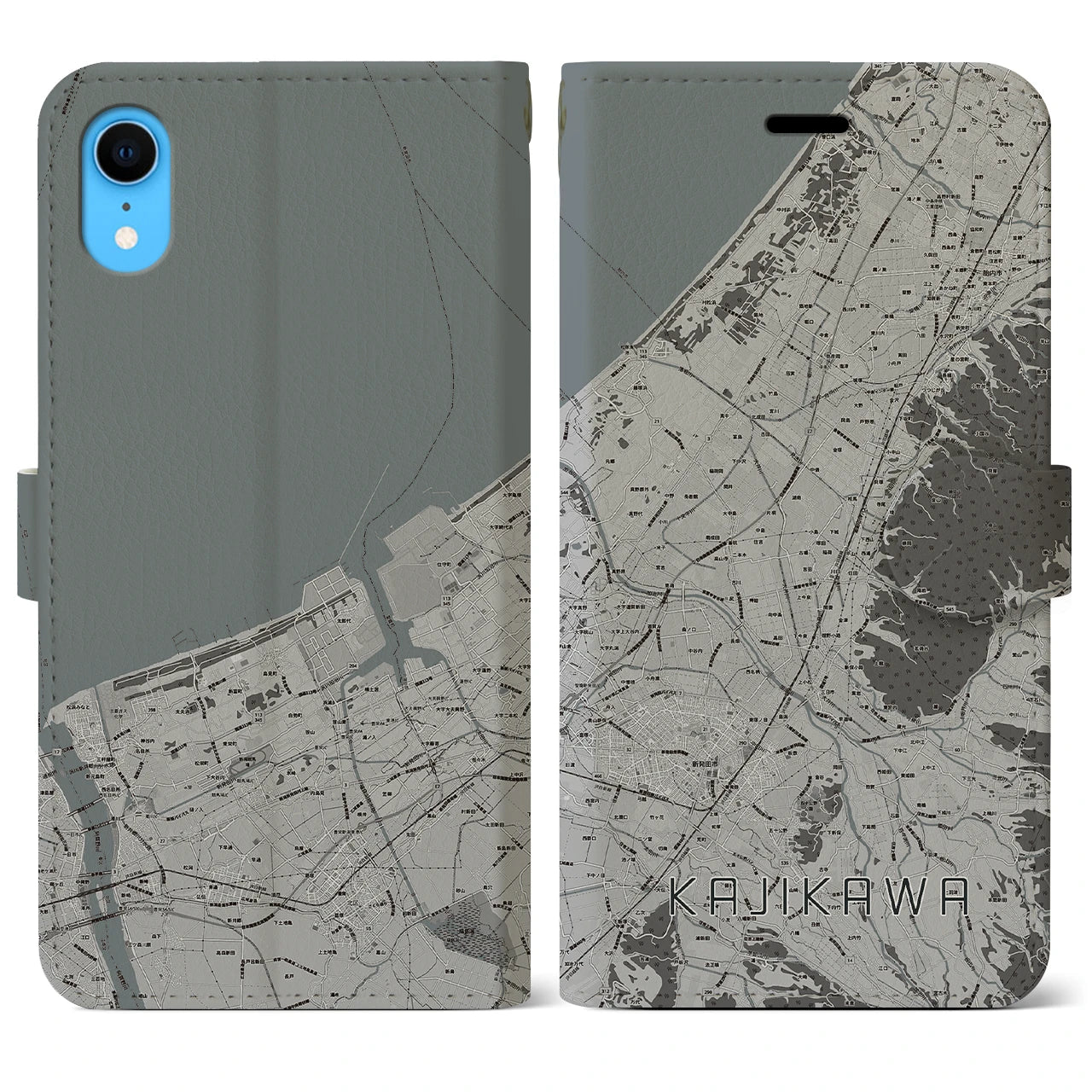 【加治川(新潟県)】地図柄iPhoneケース(手帳タイプ)モノトーン・iPhone XR 用