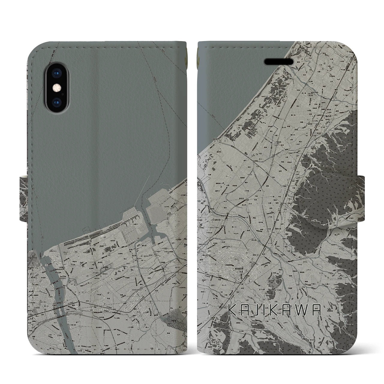 【加治川(新潟県)】地図柄iPhoneケース(手帳タイプ)モノトーン・iPhone XS / X 用