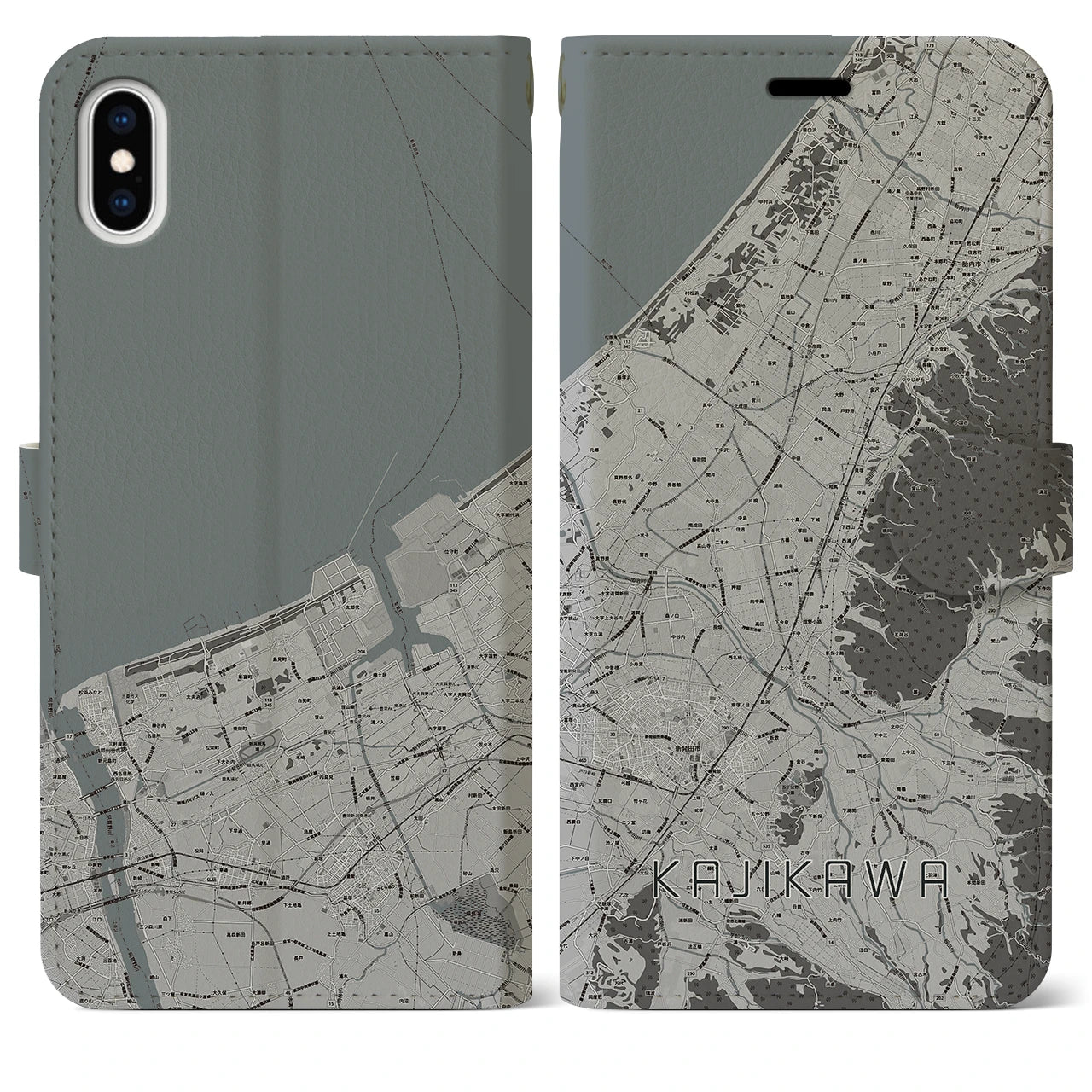 【加治川(新潟県)】地図柄iPhoneケース(手帳タイプ)モノトーン・iPhone XS Max 用
