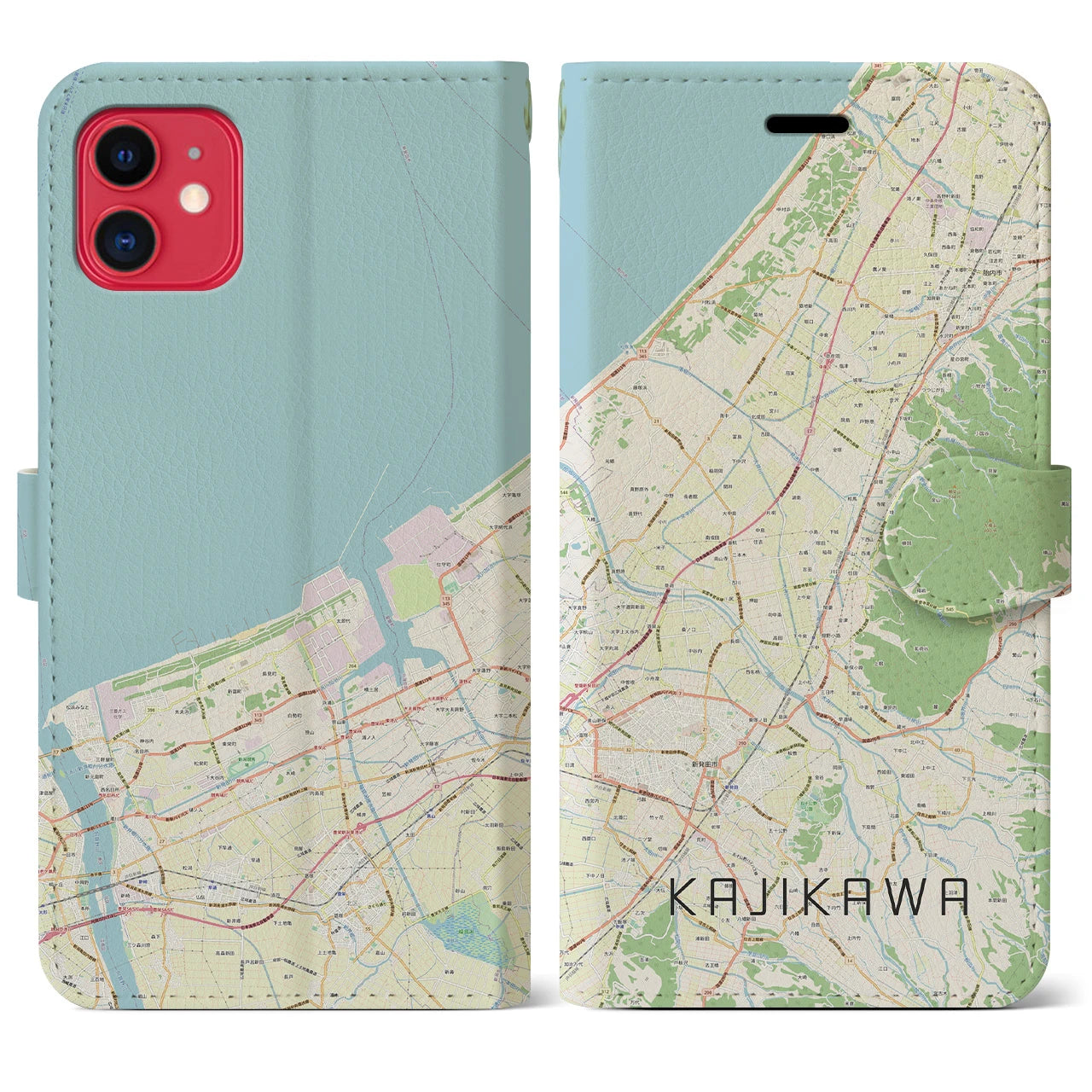 【加治川(新潟県)】地図柄iPhoneケース(手帳タイプ)ナチュラル・iPhone 11 用