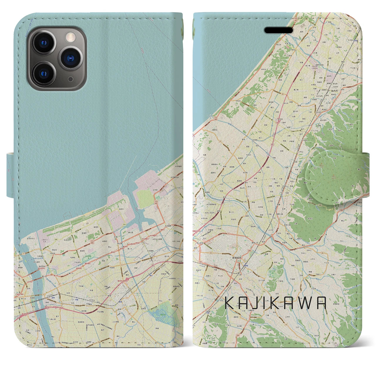 【加治川(新潟県)】地図柄iPhoneケース(手帳タイプ)ナチュラル・iPhone 11 Pro Max 用