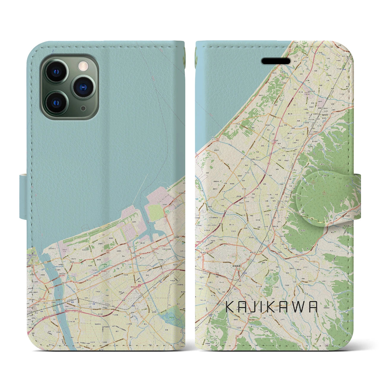 【加治川(新潟県)】地図柄iPhoneケース(手帳タイプ)ナチュラル・iPhone 11 Pro 用