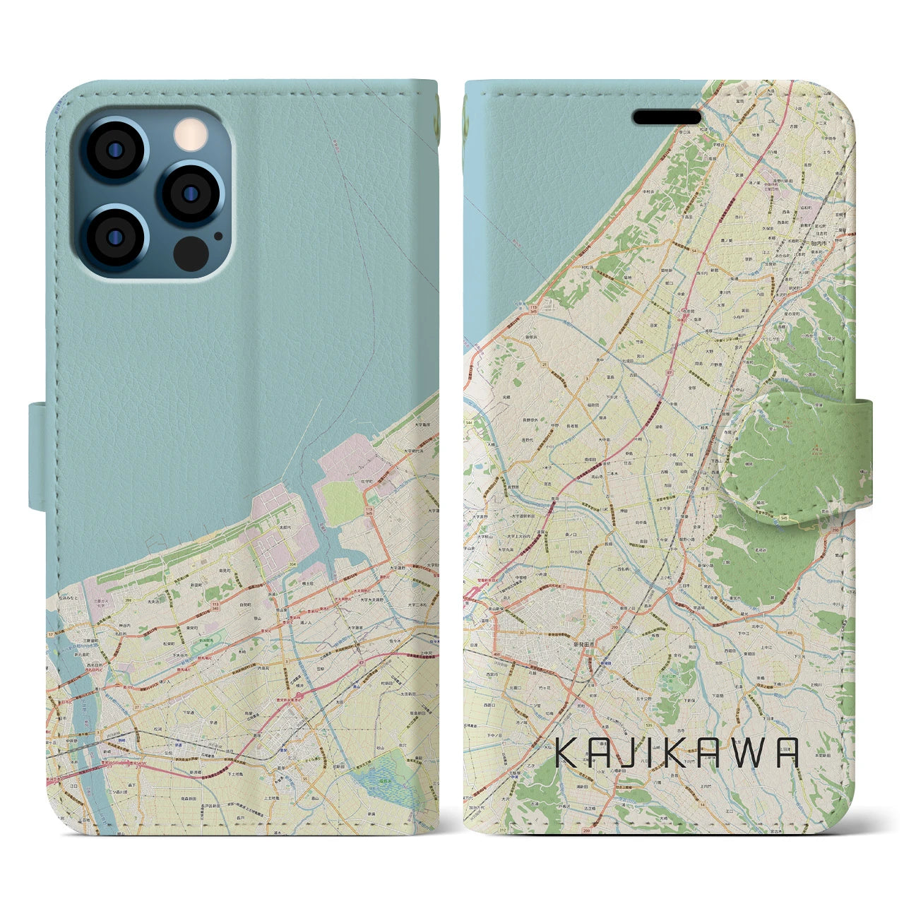 【加治川(新潟県)】地図柄iPhoneケース(手帳タイプ)ナチュラル・iPhone 12 / 12 Pro 用