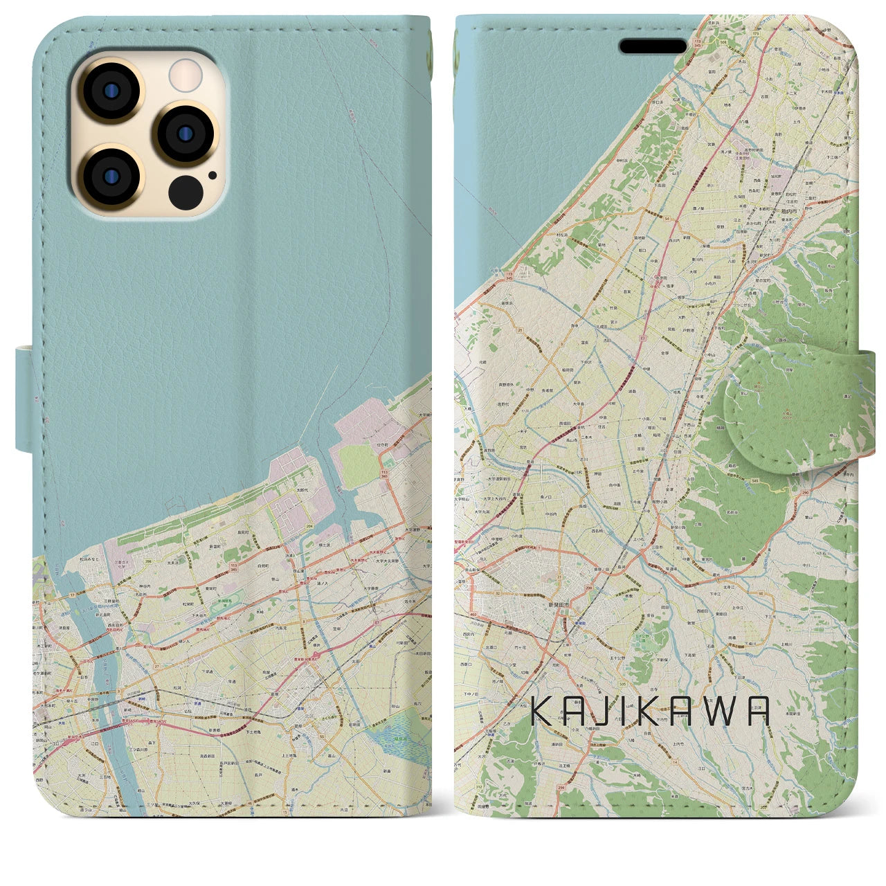 【加治川(新潟県)】地図柄iPhoneケース(手帳タイプ)ナチュラル・iPhone 12 Pro Max 用