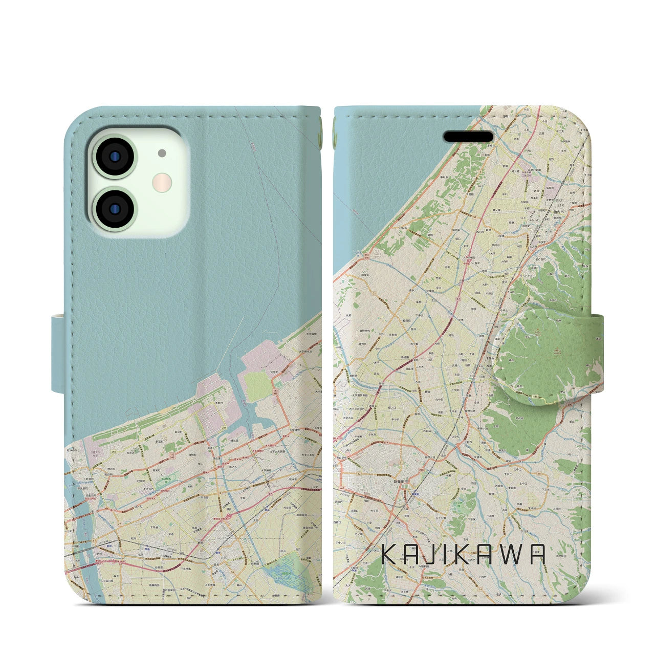 【加治川(新潟県)】地図柄iPhoneケース(手帳タイプ)ナチュラル・iPhone 12 mini 用