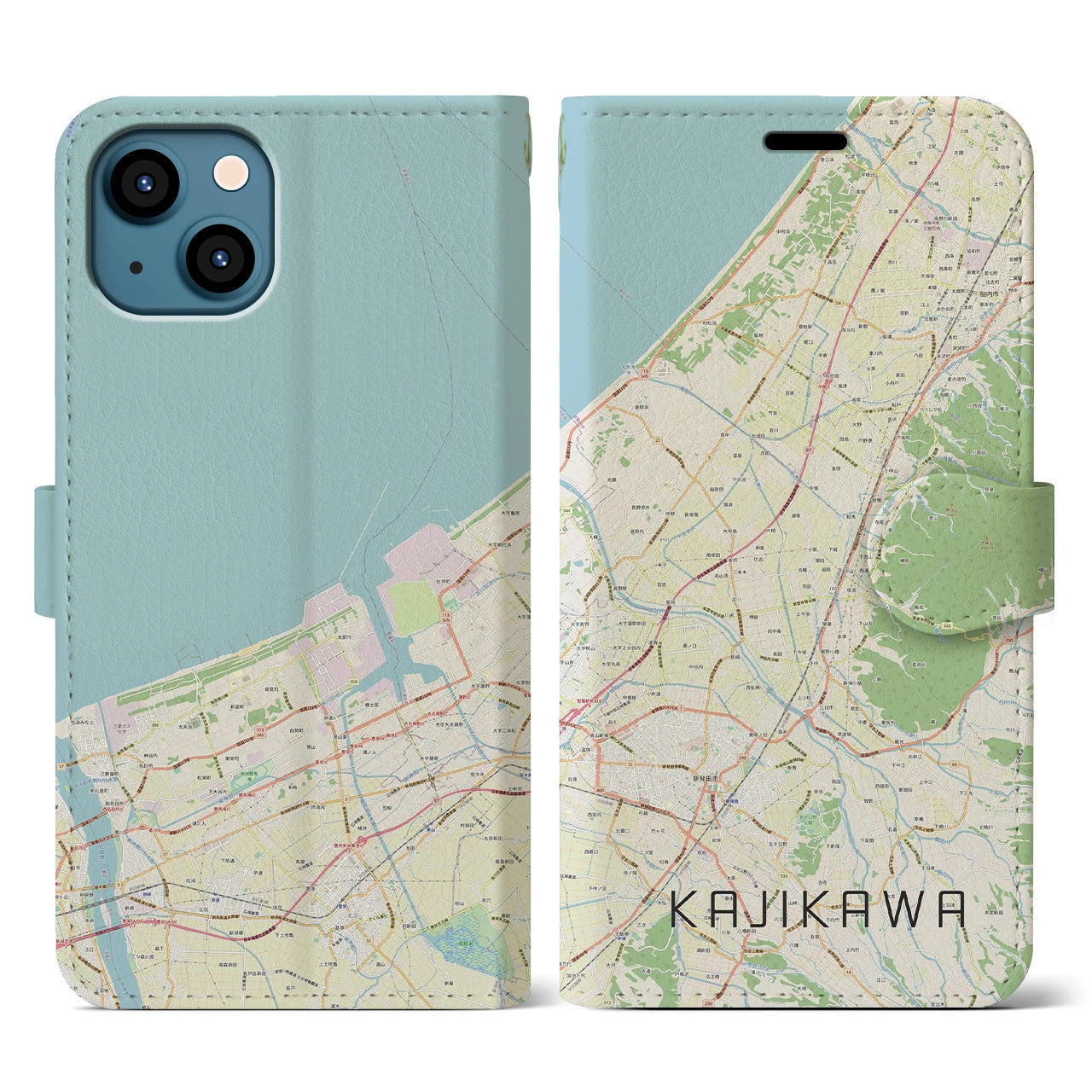 【加治川(新潟県)】地図柄iPhoneケース(手帳タイプ)ナチュラル・iPhone 13 用