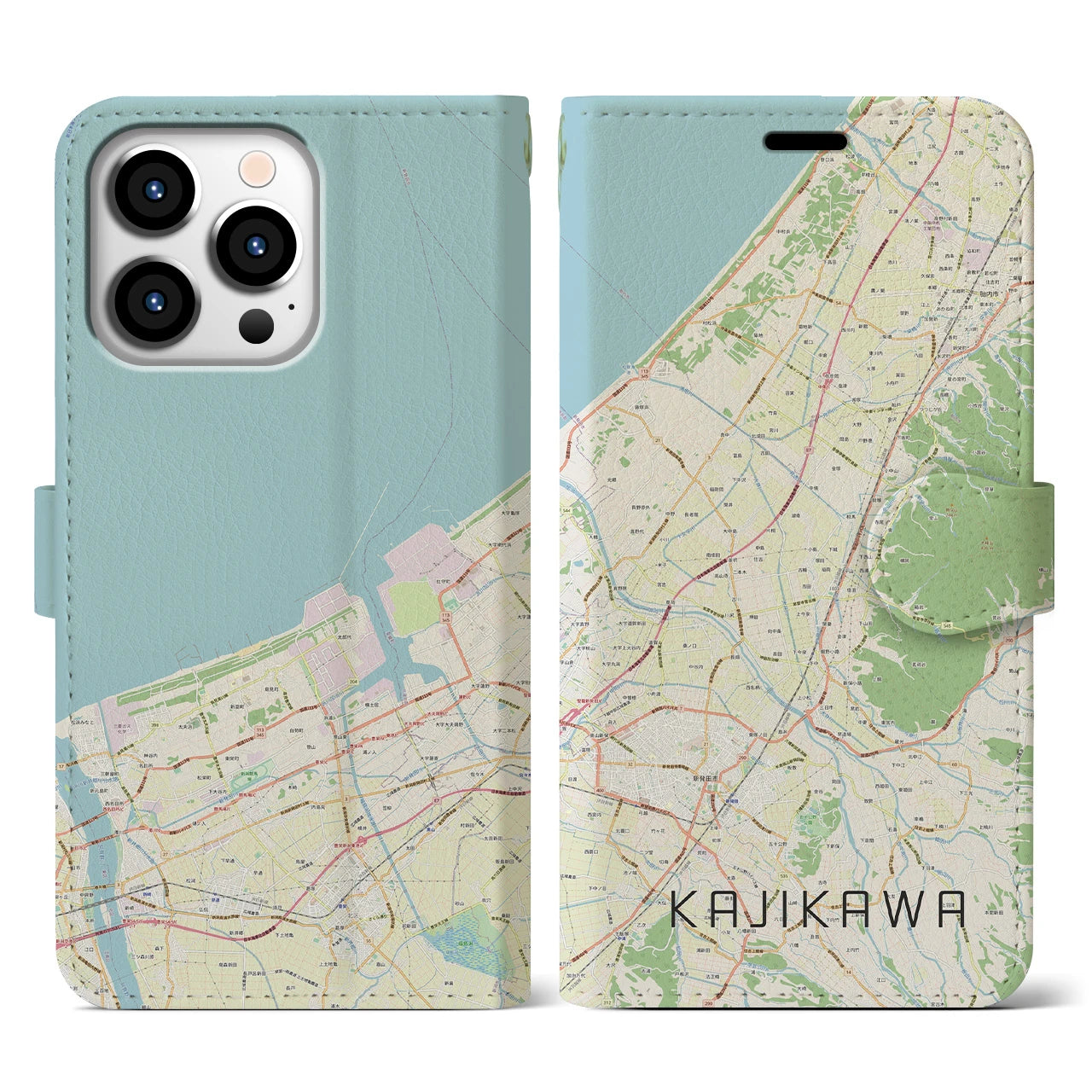 【加治川(新潟県)】地図柄iPhoneケース(手帳タイプ)ナチュラル・iPhone 13 Pro 用